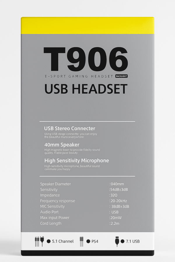 T906 E-Sport USB Gaming Headset with 40mm Driver & Noise-Canceling Microphone - Image 4