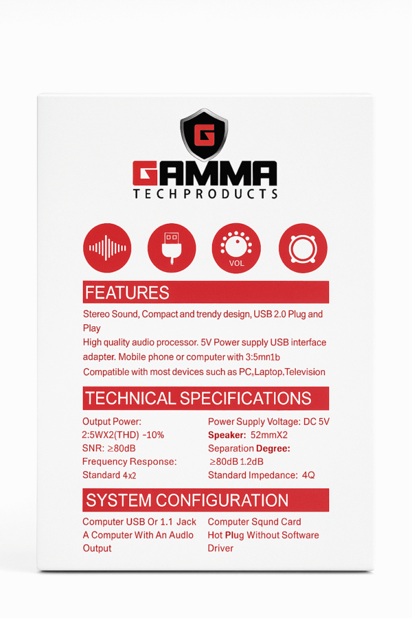 Gamma GT-216 Mini USB Desktop Speakers | 6W Stereo PC Speakers with AUX & Plug and Play - Image 3