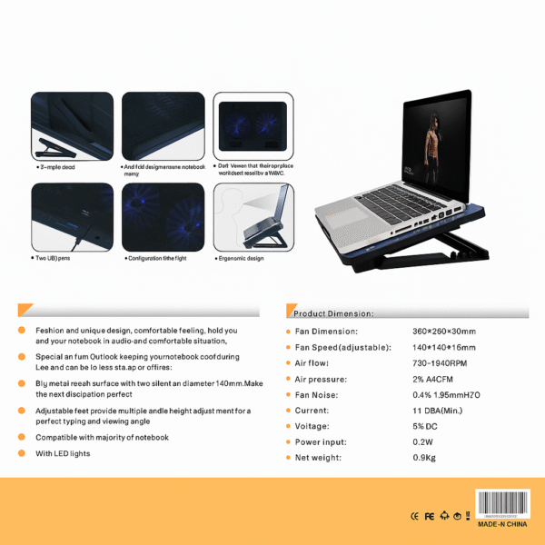 Gamma GT-99 Laptop Cooler Stand with Dual Silent Fans & Adjustable Angles - Image 3