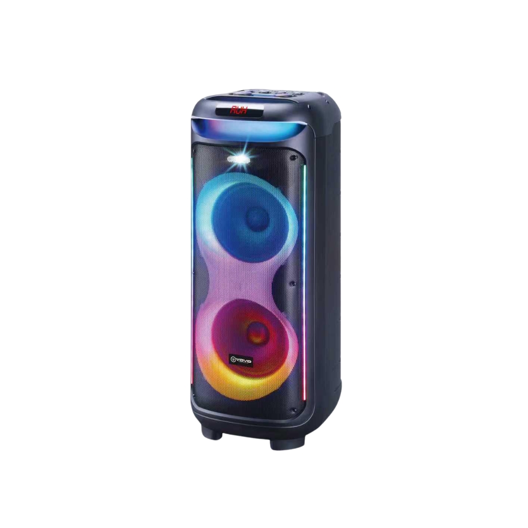 VOVO V-1175 Double 10-Inch Portable Bluetooth Party Speaker (100W) with RGB Lights, 12V 9AH Battery, and Wireless Mic
