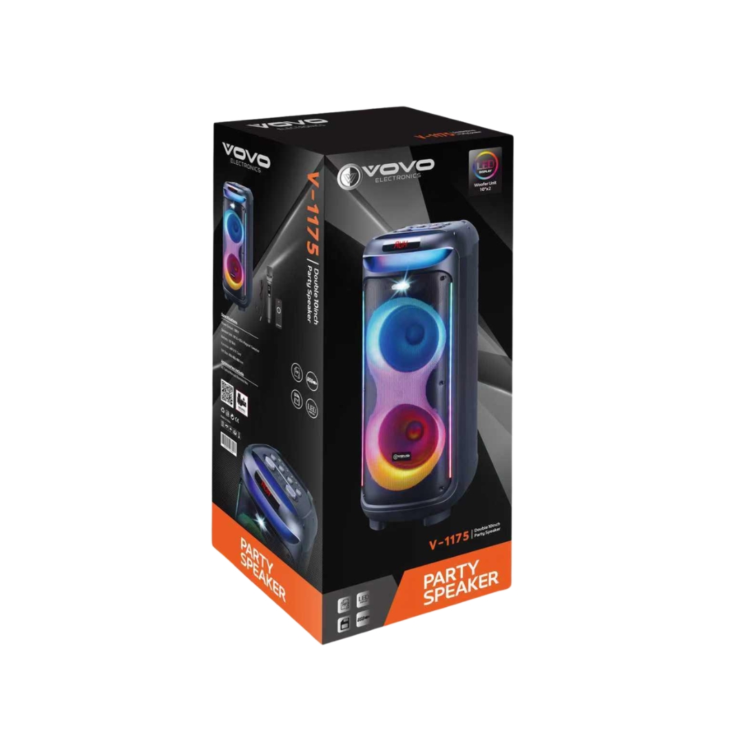 VOVO V-1175 Double 10-Inch Portable Bluetooth Party Speaker (100W) with RGB Lights, 12V 9AH Battery, and Wireless Mic - Image 2