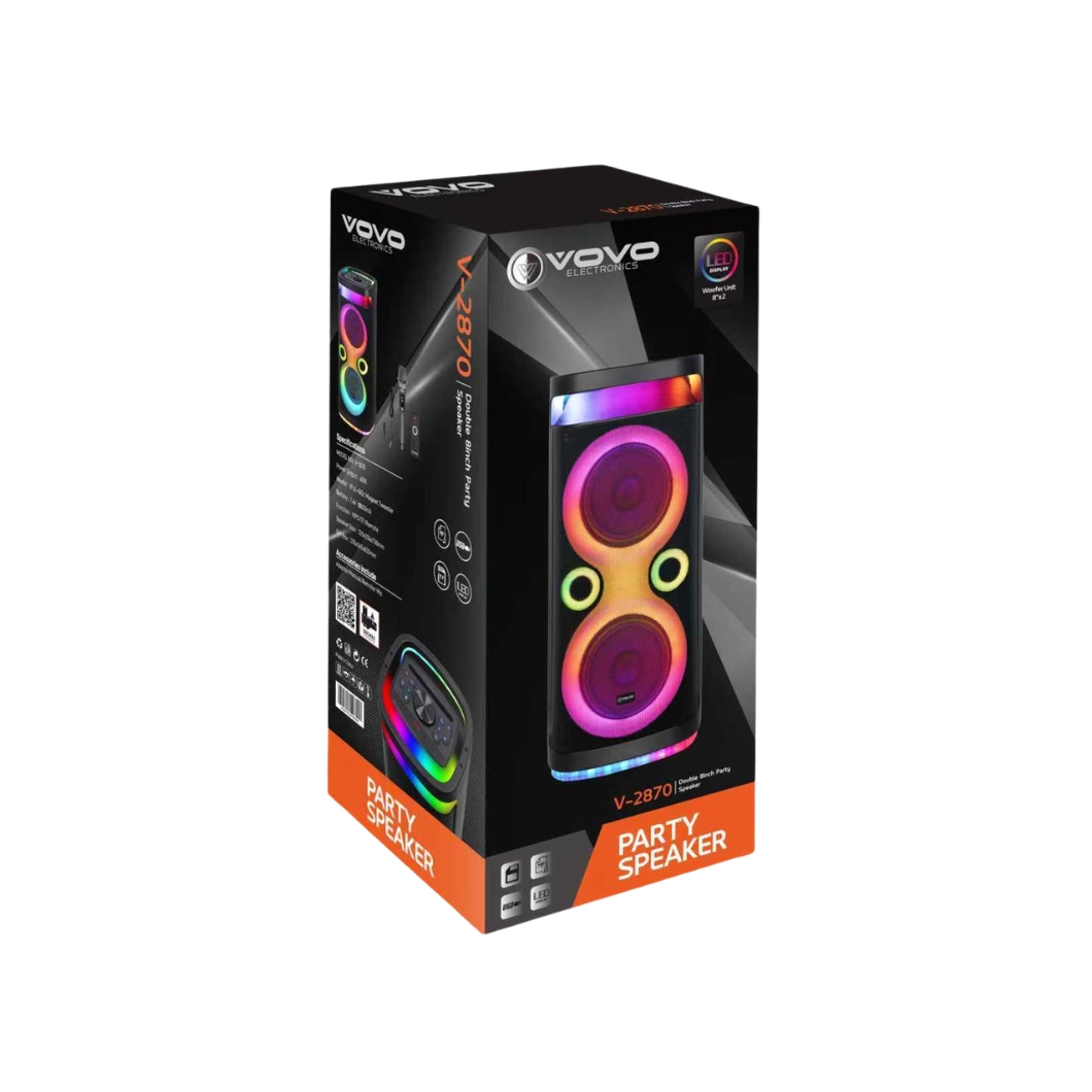VOVO V-2870 Double 8-Inch Portable Bluetooth Party Speaker (40W) with Multi-Zone RGB Lights, 10000mAh Battery, and Wireless Mic (Black) - Image 2