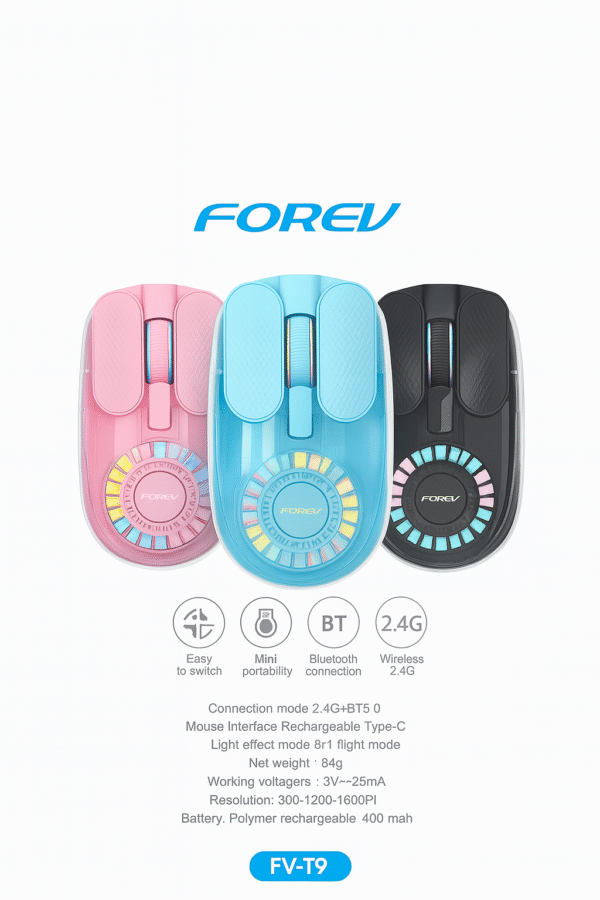 FOREV FV-T9 Dual-Mode Wireless Mouse | Bluetooth & 2.4G | RGB Light | Rechargeable - Image 2