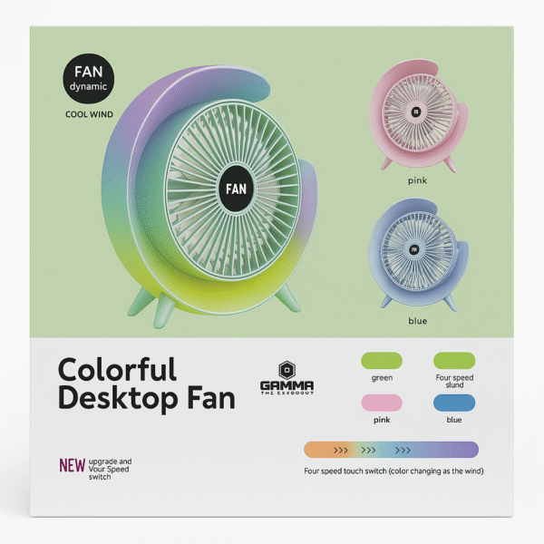 GAMMA GF-54 Colorful USB Desktop Fan | Portable Quiet Fan with 4-Speed Touch Control & LED Light - Image 2