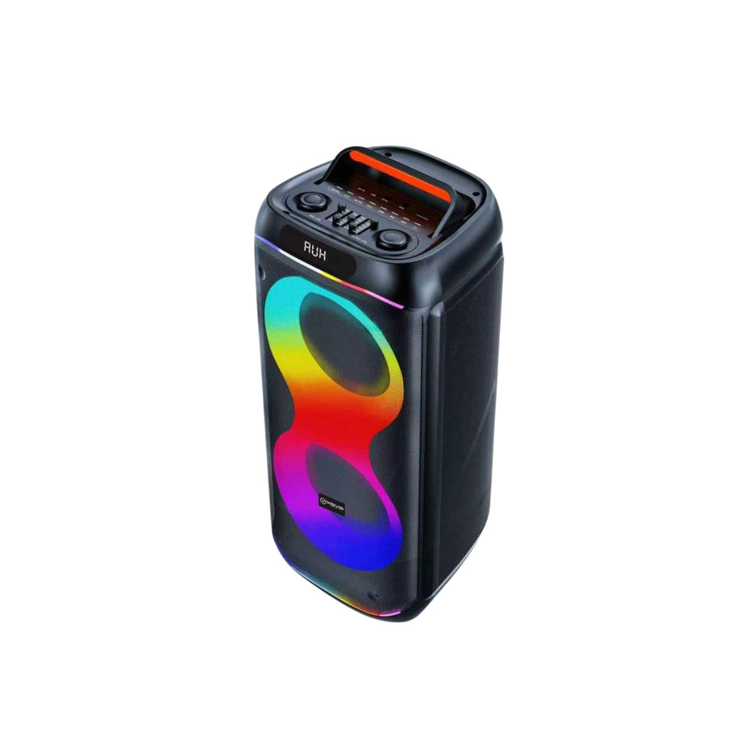 VOVO V-2855 Double 8-Inch Portable Bluetooth Party Speaker (50W) with Pro 5-Band EQ, Dynamic RGB Lights, and Wireless Mic (Black)