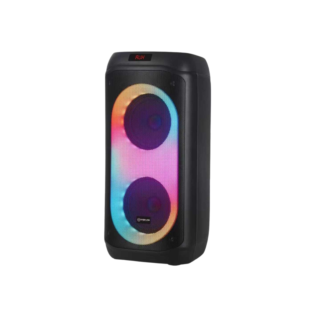 VOVO V-2895 Double 8-Inch Portable Party Speaker with Trolley (60W), RGB LED Lights, Wireless Mic, and TWS (Black)