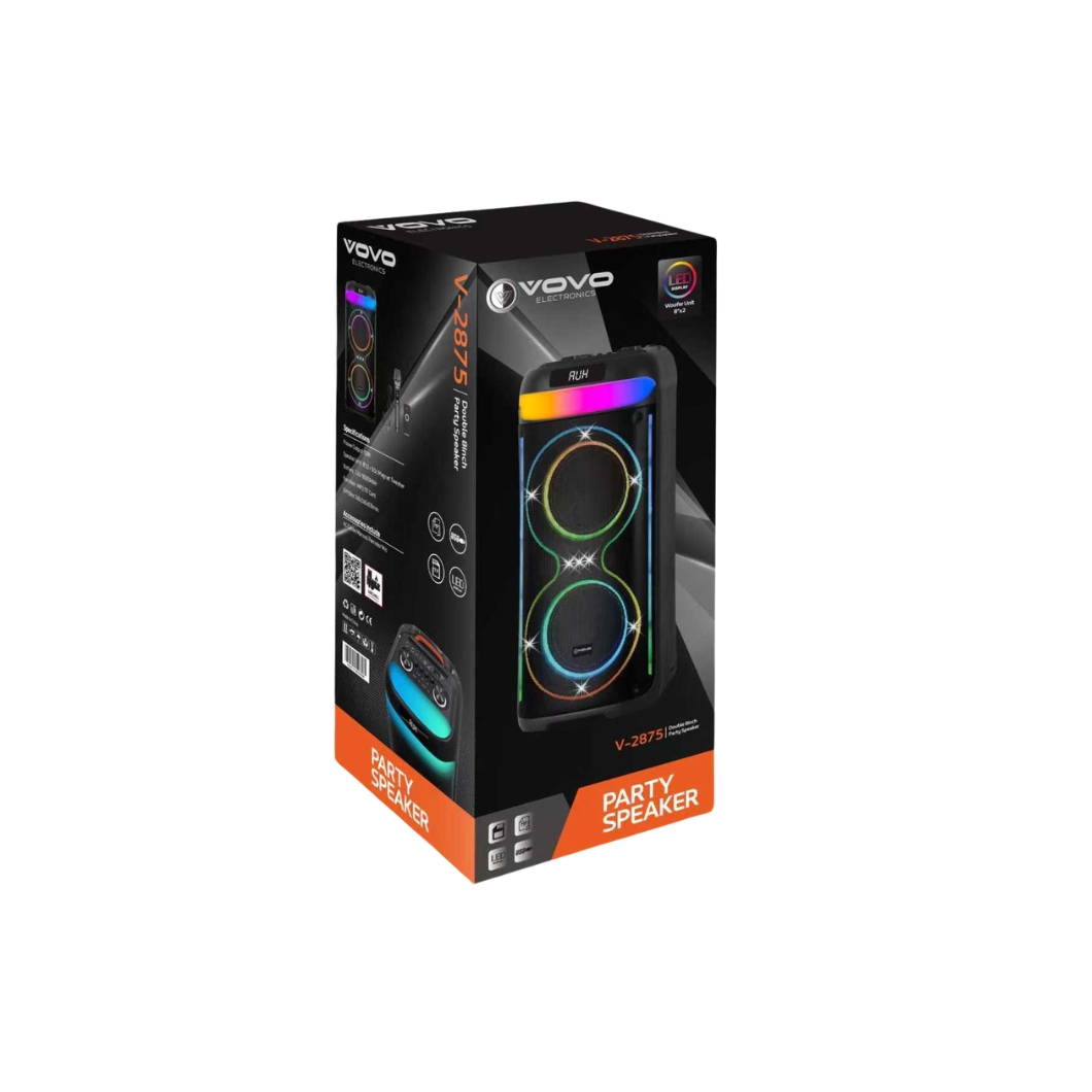 VOVO V-2875 Double 8-Inch Portable Bluetooth Party Speaker (50W) with Multi-Zone RGB Lights, 10000mAh Battery, and Wireless Mic (Black) - Image 27