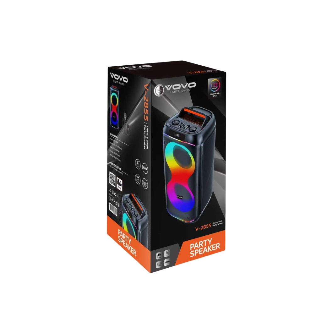 VOVO V-2855 Double 8-Inch Portable Bluetooth Party Speaker (50W) with Pro 5-Band EQ, Dynamic RGB Lights, and Wireless Mic (Black) - Image 2