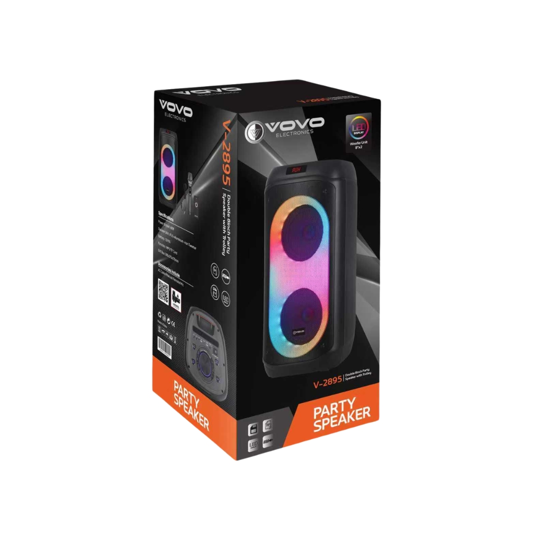 VOVO V-2895 Double 8-Inch Portable Party Speaker with Trolley (60W), RGB LED Lights, Wireless Mic, and TWS (Black) - Image 2