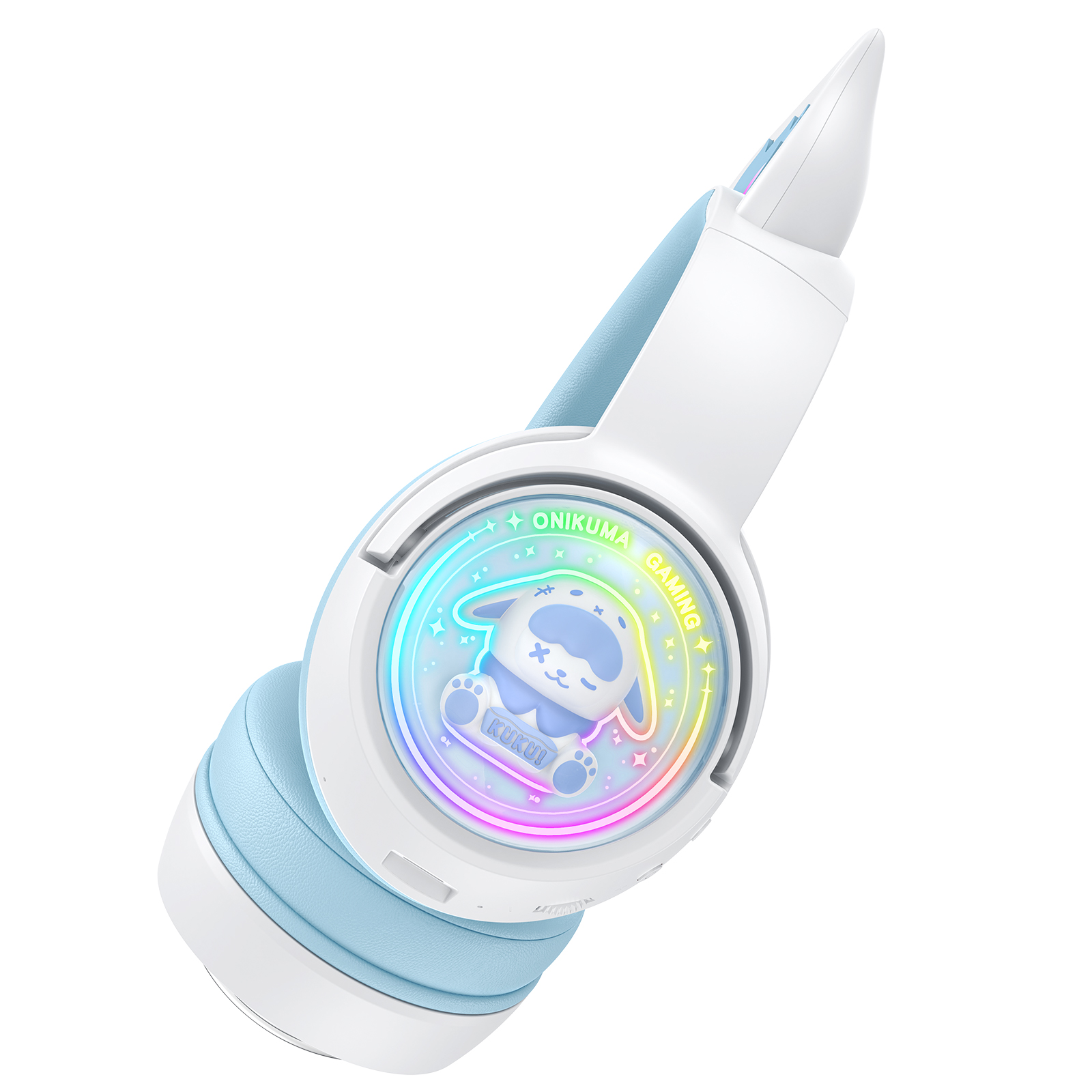 ONIKUMA B5 Wireless Gaming Headset with RGB Cat Ears, KUKU Edition, 2.4GHz Dual USB-C/USB-A Dongle, and Built-in Mic (White/Pastel Blue) - Image 2