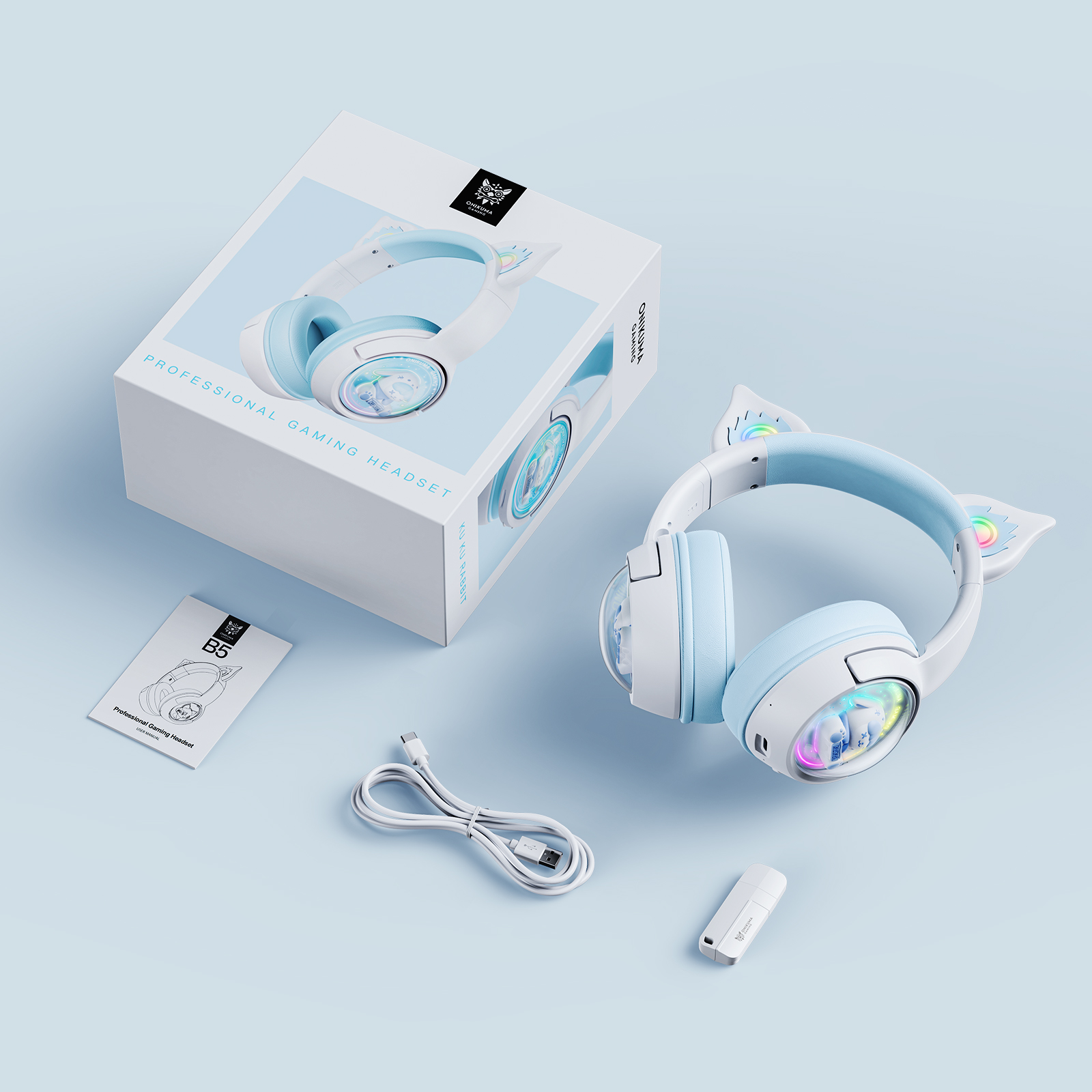 ONIKUMA B5 Wireless Gaming Headset with RGB Cat Ears, KUKU Edition, 2.4GHz Dual USB-C/USB-A Dongle, and Built-in Mic (White/Pastel Blue) - Image 6