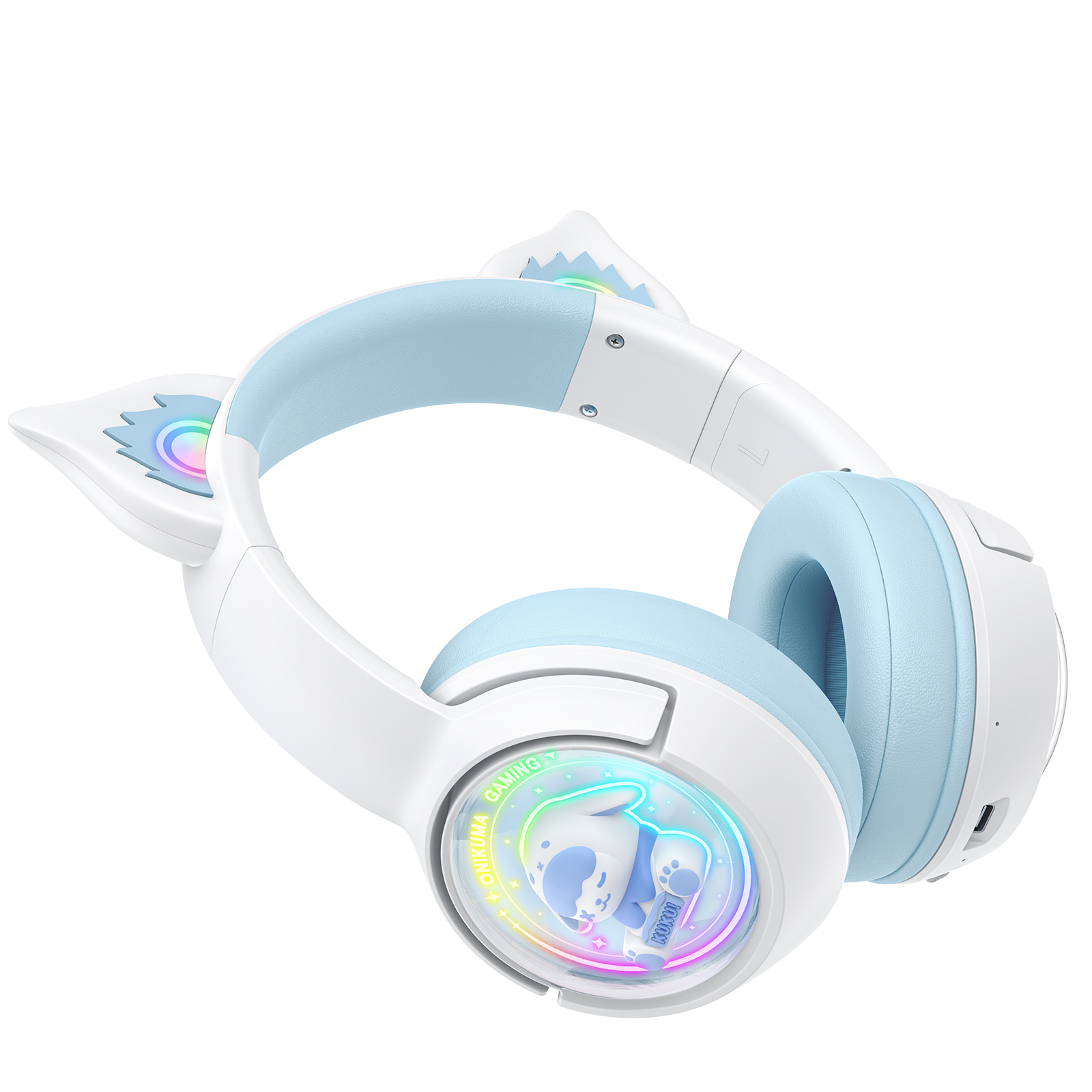 ONIKUMA B5 Wireless Gaming Headset with RGB Cat Ears, KUKU Edition, 2.4GHz Dual USB-C/USB-A Dongle, and Built-in Mic (White/Pastel Blue) - Image 3