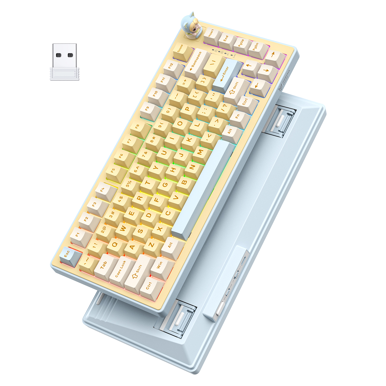 ONIKUMA MT707 Tri-Mode Wireless Mechanical Keyboard (2.4GHz / Bluetooth / Wired) with Kawaii Cat Head Rotary Knob, 75% Layout, and RGB Backlighting for PC & Mac (Pink/Purple/Yellow) - Image 9