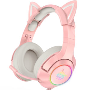 ONIKUMA K9 Pink Cat Ear Gaming Headset with Virtual 7.1 Surround Sound, Dynamic RGB Lighting, and Flexible Mic for PC & Mac (USB)