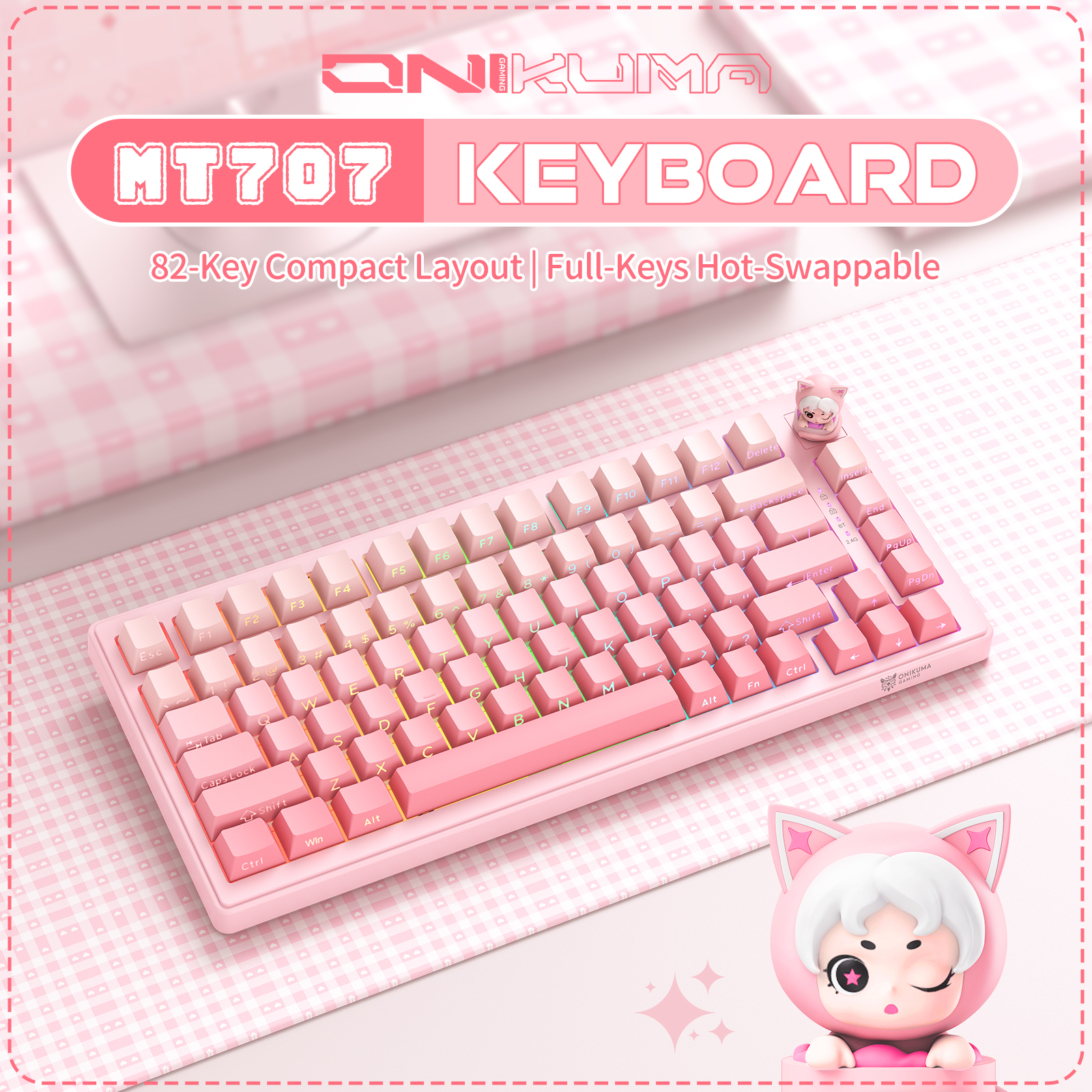 ONIKUMA MT707 Tri-Mode Wireless Mechanical Keyboard (2.4GHz / Bluetooth / Wired) with Kawaii Cat Head Rotary Knob, 75% Layout, and RGB Backlighting for PC & Mac (Pink/Purple/Yellow) - Image 18
