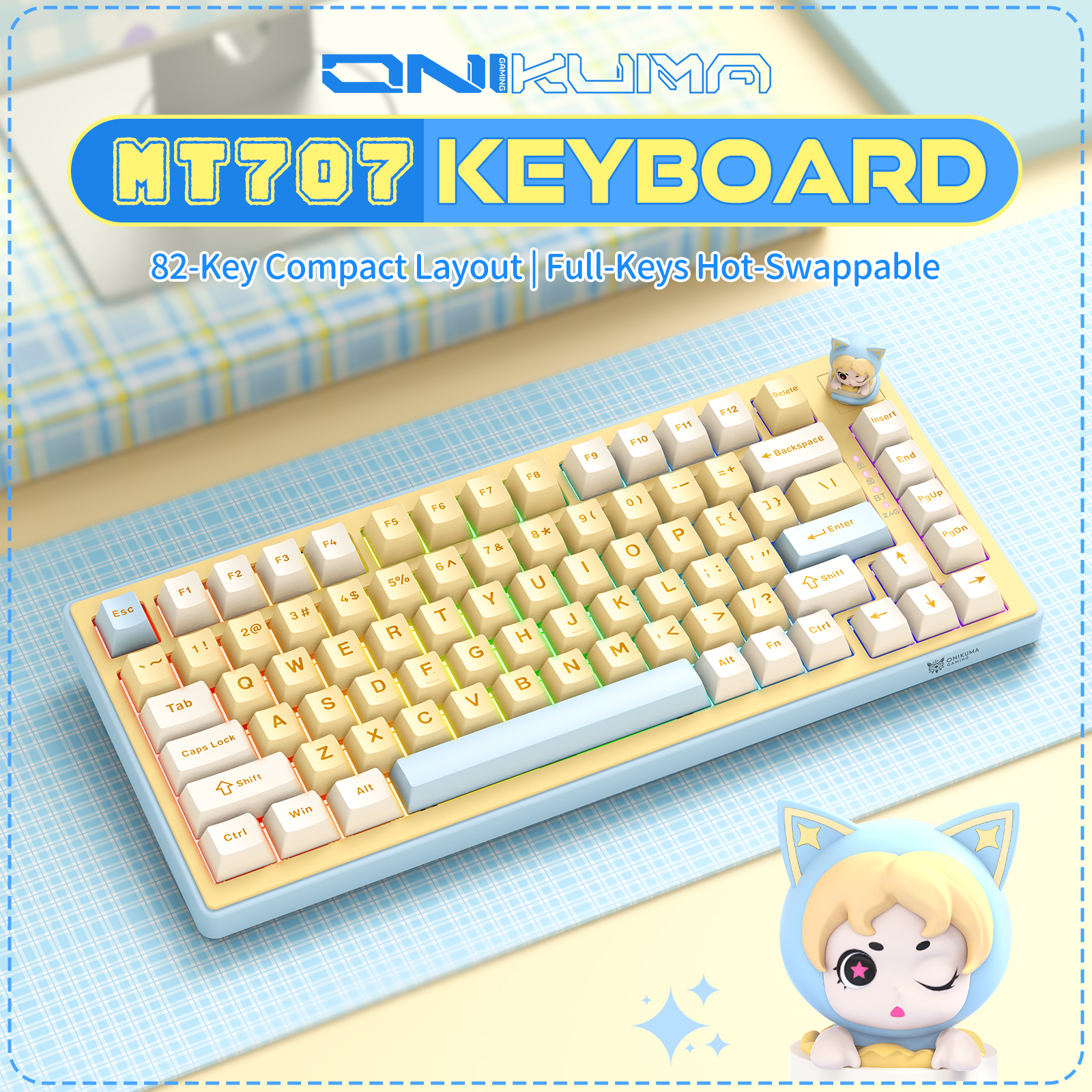 ONIKUMA MT707 Tri-Mode Wireless Mechanical Keyboard (2.4GHz / Bluetooth / Wired) with Kawaii Cat Head Rotary Knob, 75% Layout, and RGB Backlighting for PC & Mac (Pink/Purple/Yellow) - Image 25