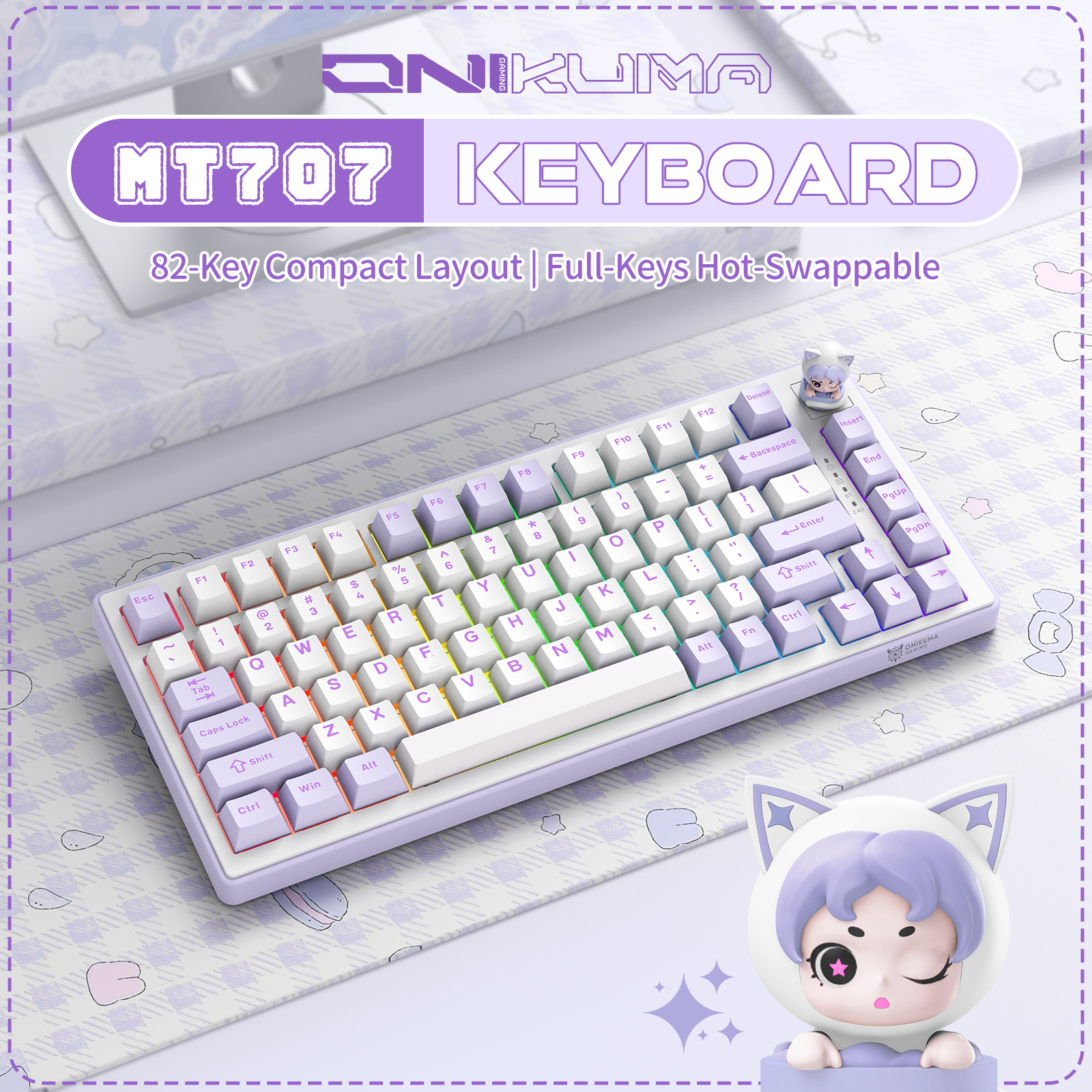 ONIKUMA MT707 Tri-Mode Wireless Mechanical Keyboard (2.4GHz / Bluetooth / Wired) with Kawaii Cat Head Rotary Knob, 75% Layout, and RGB Backlighting for PC & Mac (Pink/Purple/Yellow) - Image 31