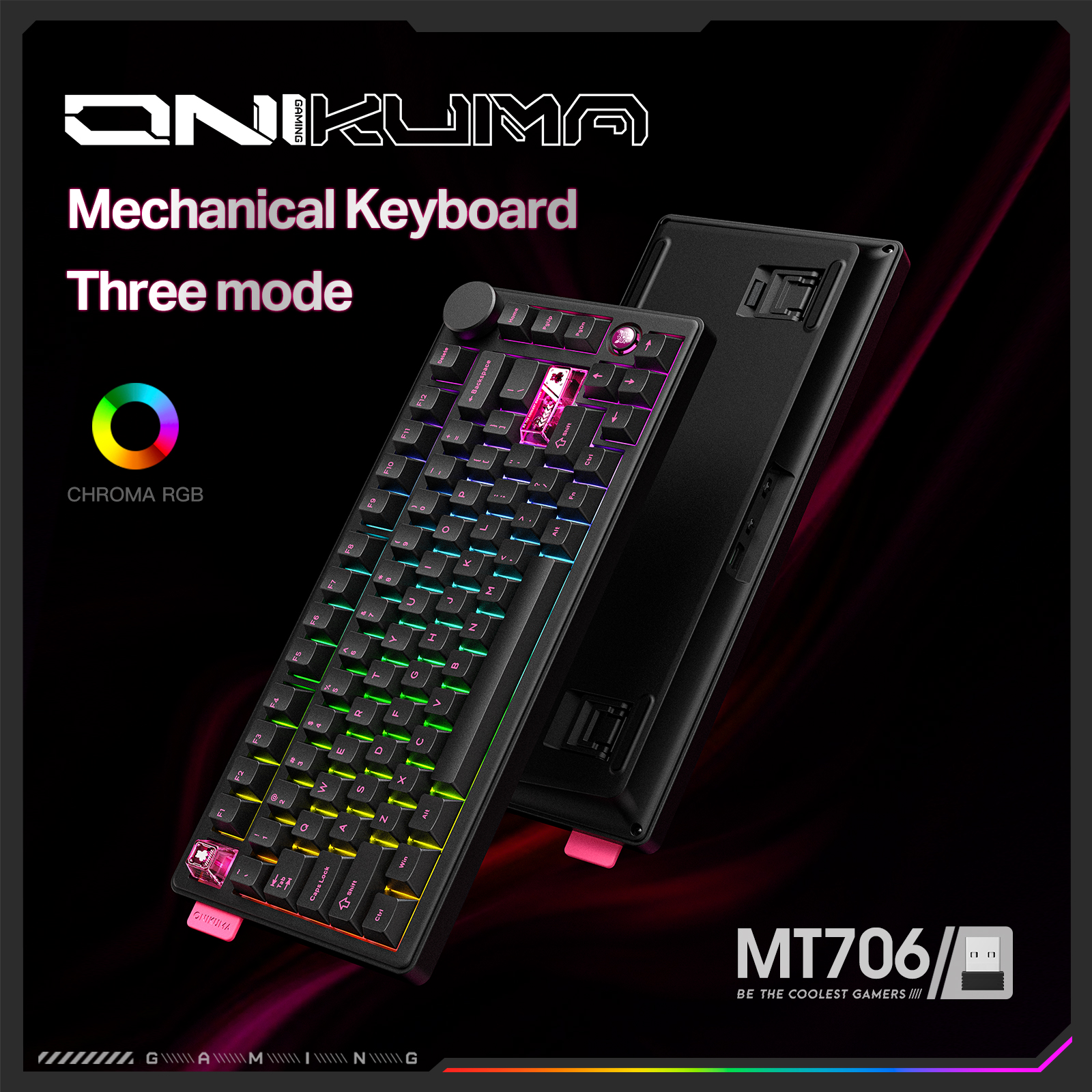 ONIKUMA MT706 Tri-Mode Wireless Mechanical Keyboard (2.4GHz / Bluetooth / Wired) with Multimedia Knob, Transparent Cyber Accent Keys, and 75% Layout for PC & Mac (Black/White) - Image 13