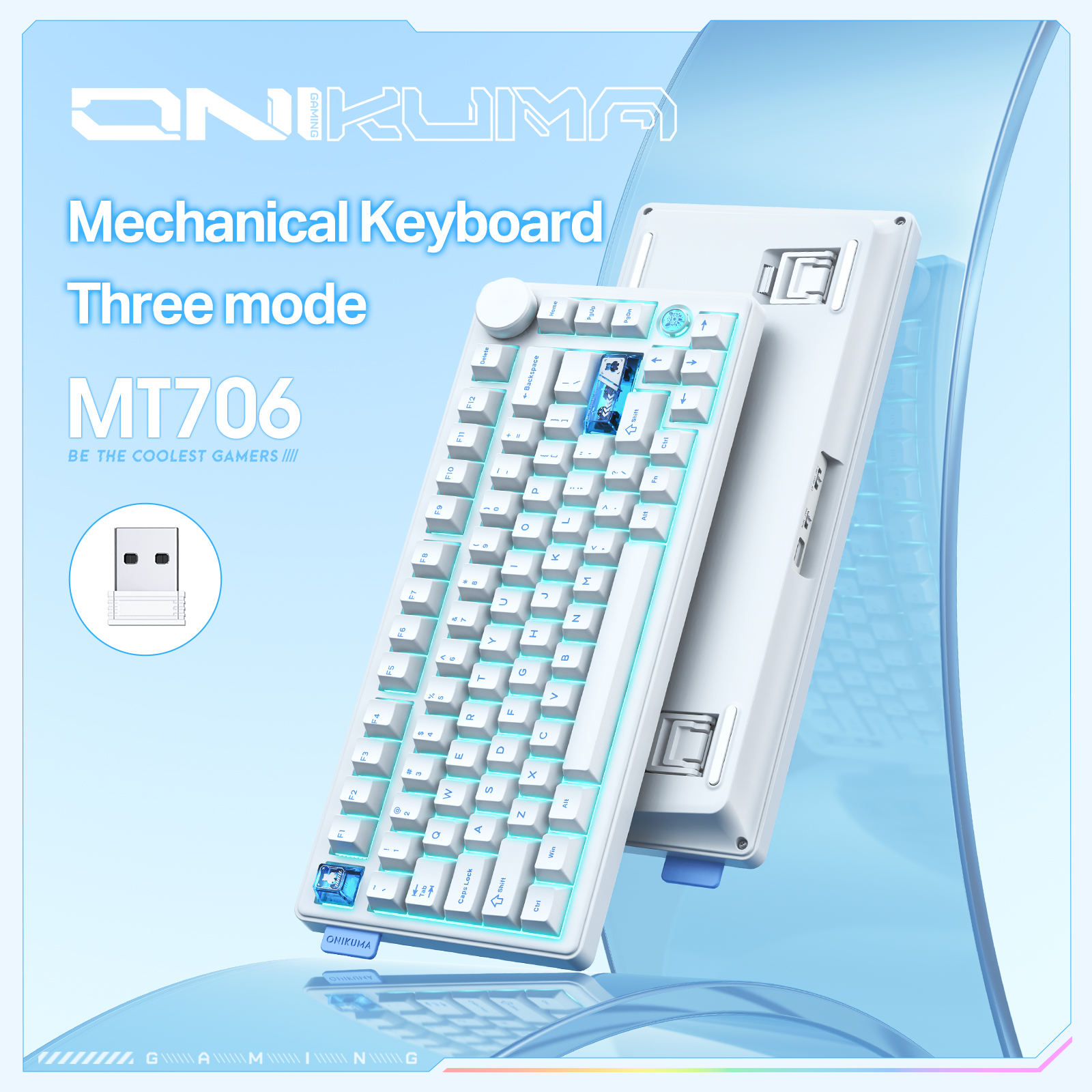 ONIKUMA MT706 Tri-Mode Wireless Mechanical Keyboard (2.4GHz / Bluetooth / Wired) with Multimedia Knob, Transparent Cyber Accent Keys, and 75% Layout for PC & Mac (Black/White) - Image 20