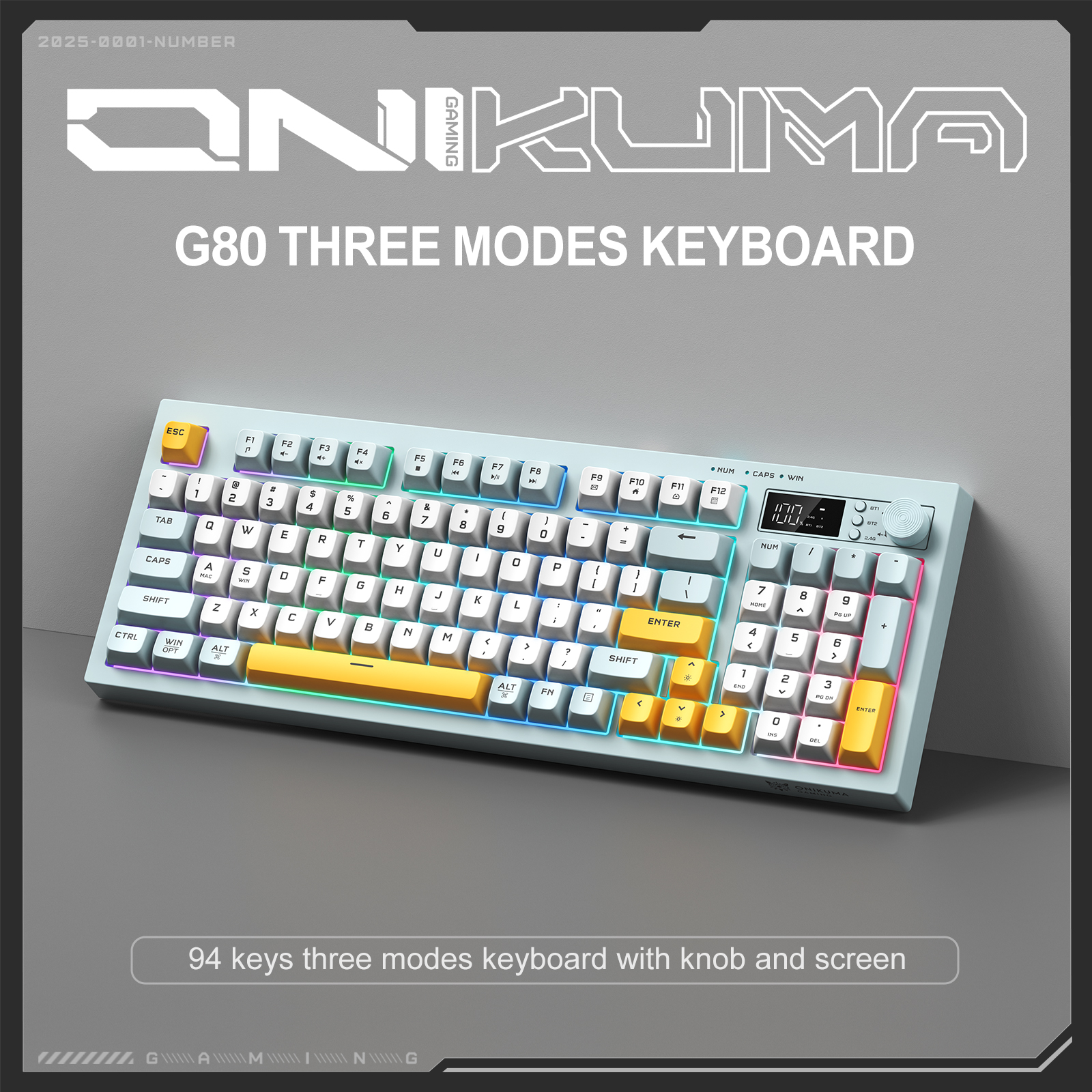 ONIKUMA G80 Tri-Mode Wireless Mechanical Keyboard (2.4GHz / Bluetooth / Wired) with Smart LCD Display, Multimedia Knob, and Compact Full-Size Layout for PC & Mac (Grayish Blue) - Image 7
