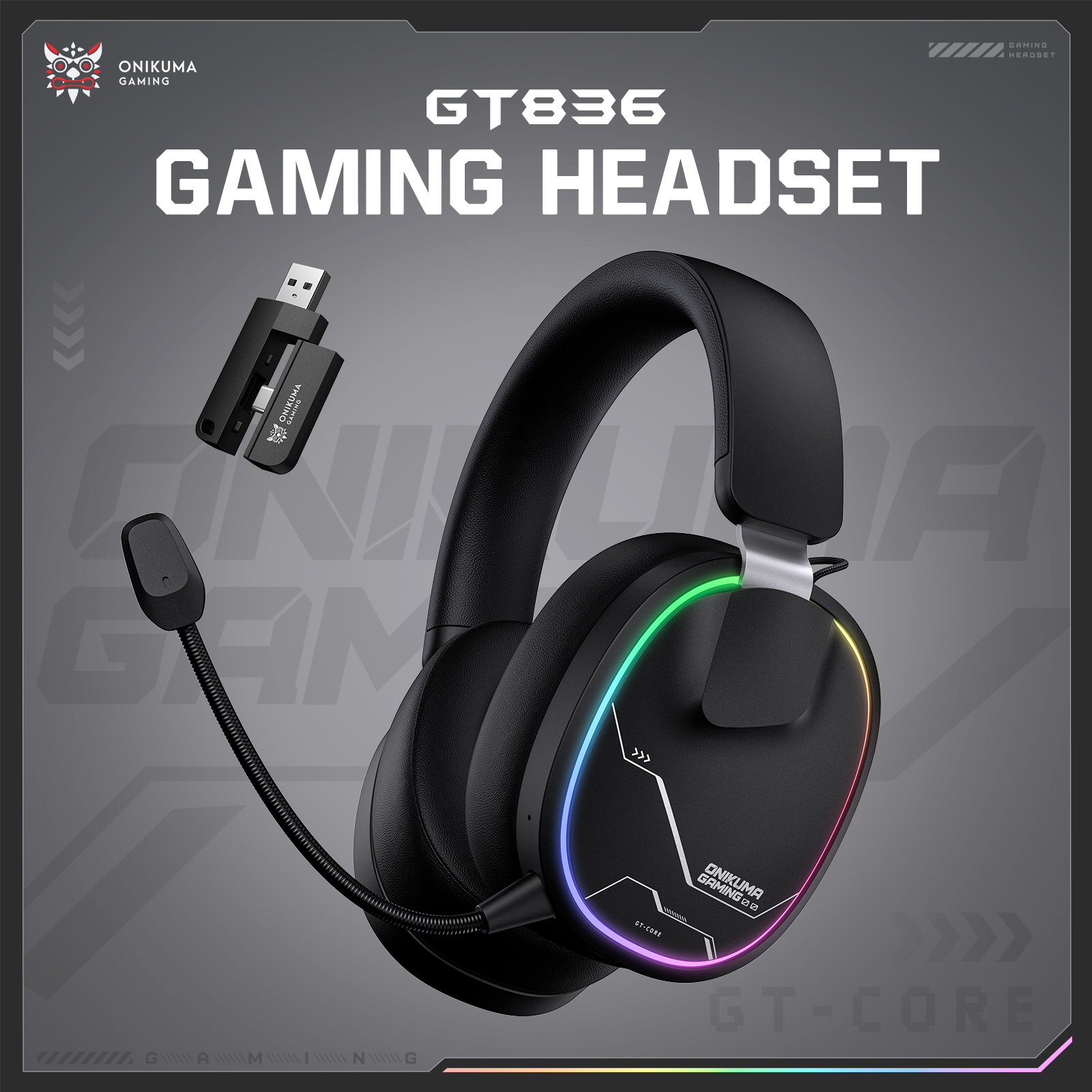 ONIKUMA GT836 Wireless Gaming Headset with Dynamic RGB Lighting, Noise-Isolating Boom Mic, and 2.4GHz Dual USB-A/Type-C Dongle for PC, PS5, Mac & Mobile (Black) - Image 8