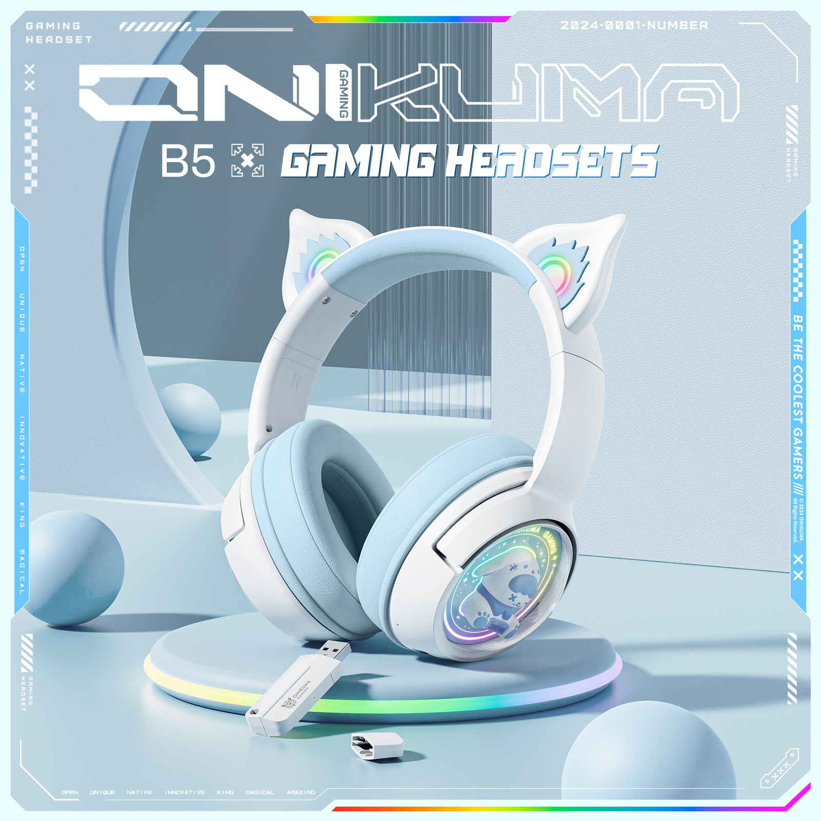 ONIKUMA B5 Wireless Gaming Headset with RGB Cat Ears, KUKU Edition, 2.4GHz Dual USB-C/USB-A Dongle, and Built-in Mic (White/Pastel Blue) - Image 7