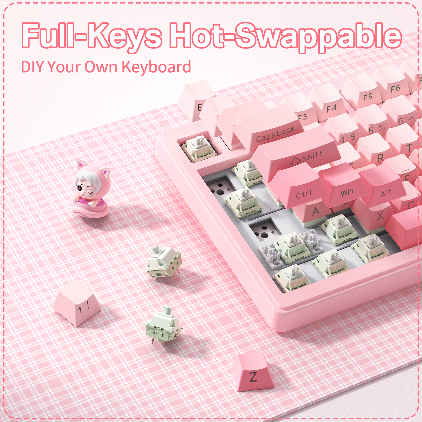 ONIKUMA MT707 Tri-Mode Wireless Mechanical Keyboard (2.4GHz / Bluetooth / Wired) with Kawaii Cat Head Rotary Knob, 75% Layout, and RGB Backlighting for PC & Mac (Pink/Purple/Yellow) - Image 19
