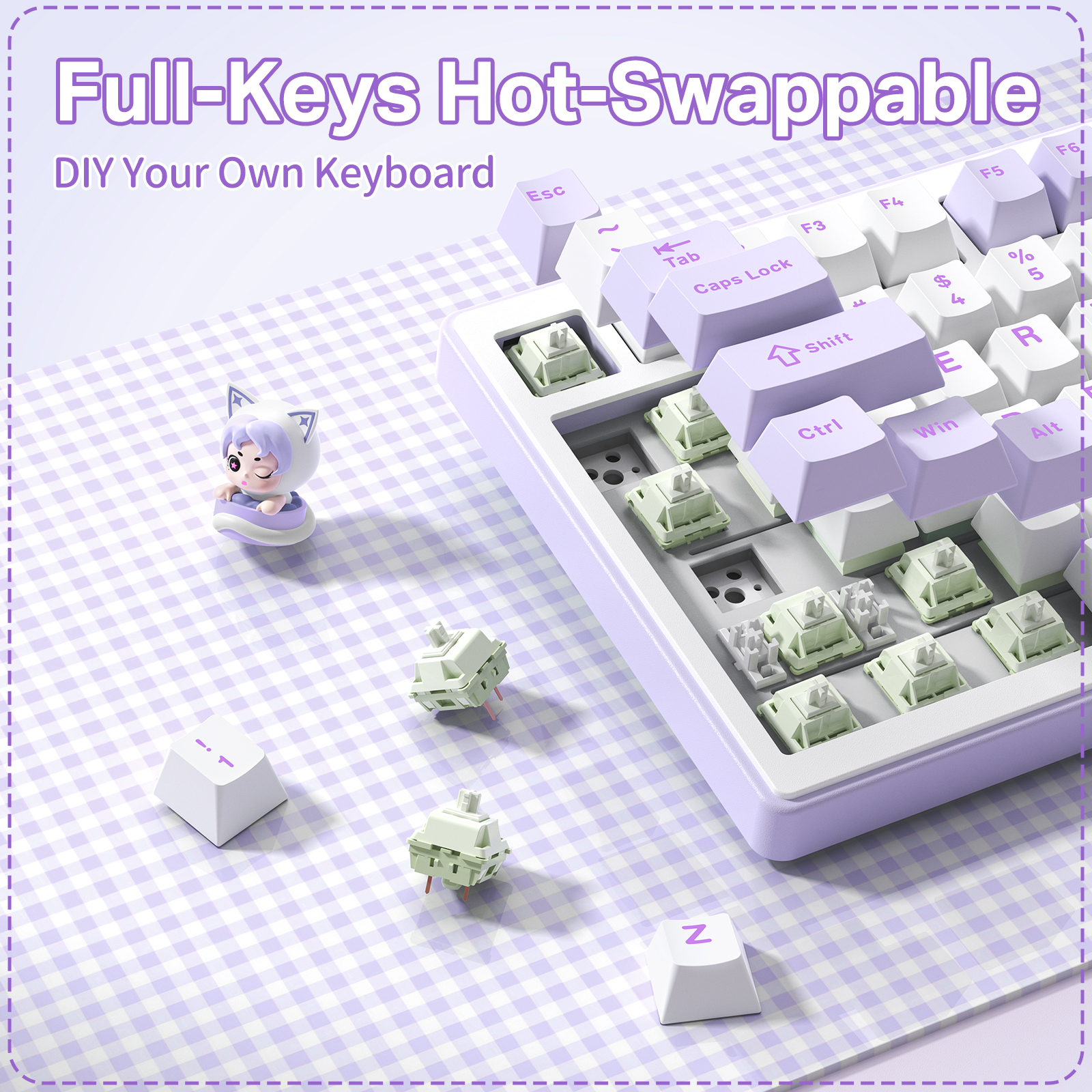 ONIKUMA MT707 Tri-Mode Wireless Mechanical Keyboard (2.4GHz / Bluetooth / Wired) with Kawaii Cat Head Rotary Knob, 75% Layout, and RGB Backlighting for PC & Mac (Pink/Purple/Yellow) - Image 32
