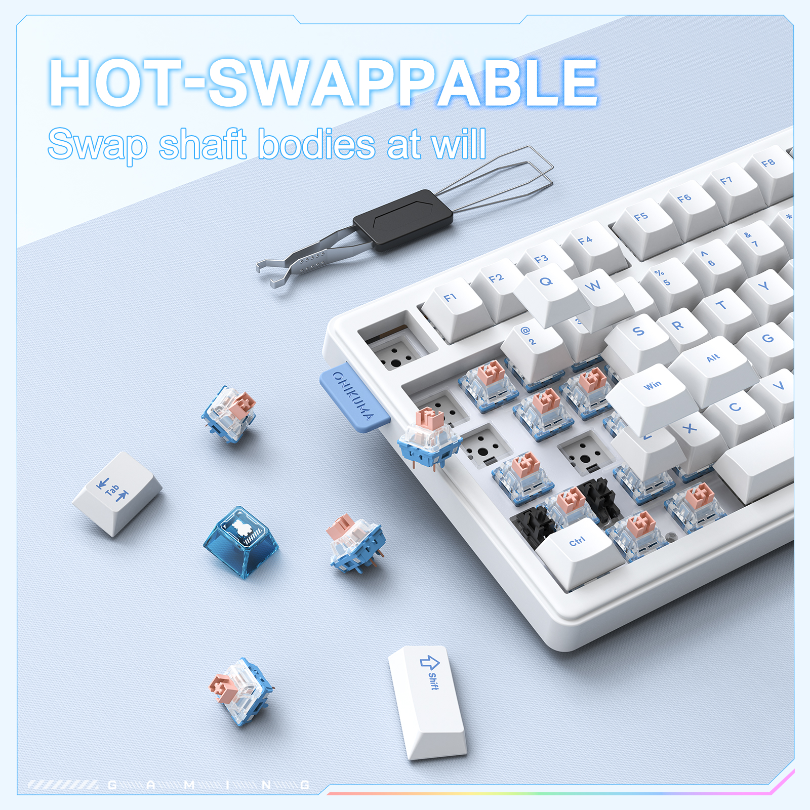 ONIKUMA MT706 Tri-Mode Wireless Mechanical Keyboard (2.4GHz / Bluetooth / Wired) with Multimedia Knob, Transparent Cyber Accent Keys, and 75% Layout for PC & Mac (Black/White) - Image 21