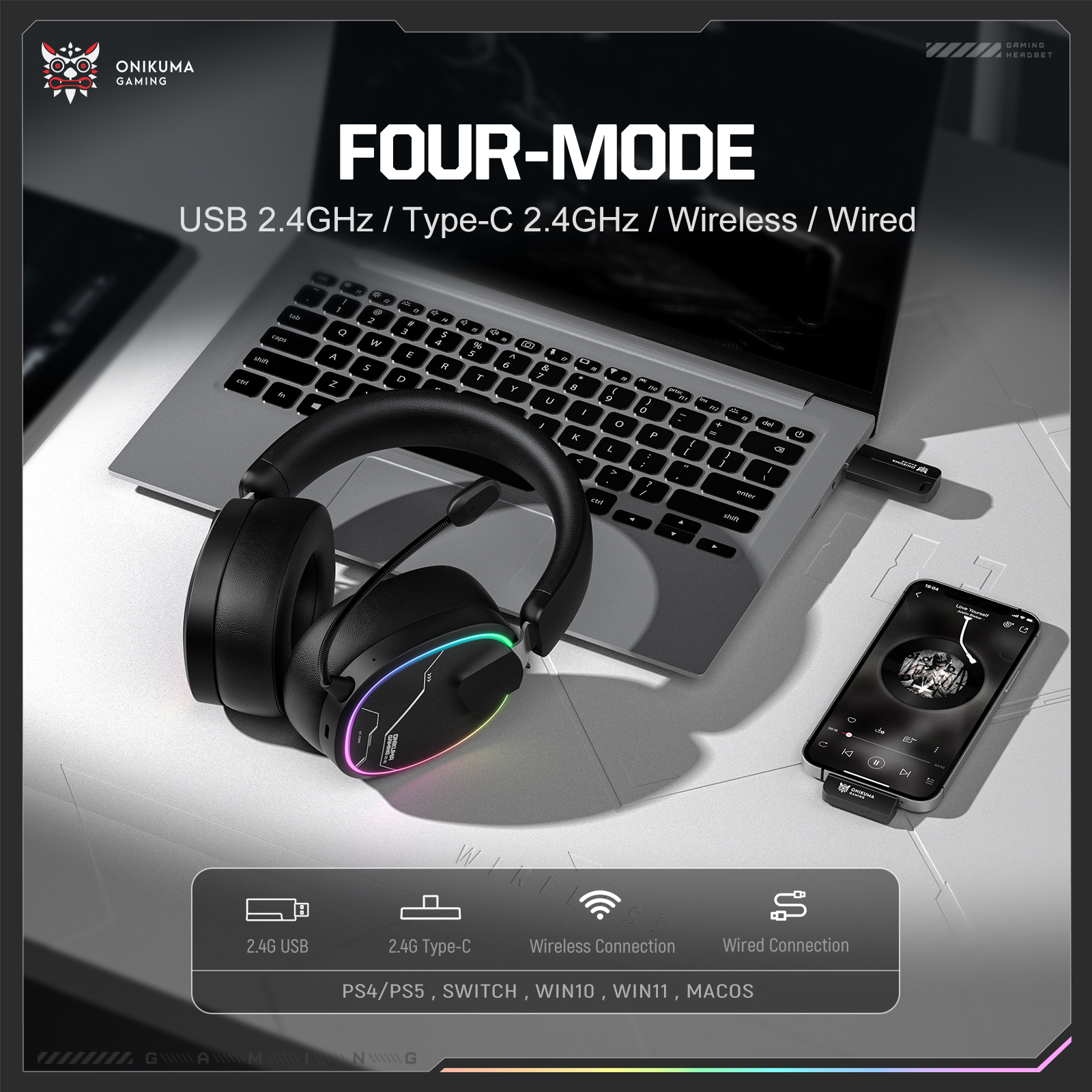 ONIKUMA GT836 Wireless Gaming Headset with Dynamic RGB Lighting, Noise-Isolating Boom Mic, and 2.4GHz Dual USB-A/Type-C Dongle for PC, PS5, Mac & Mobile (Black) - Image 9