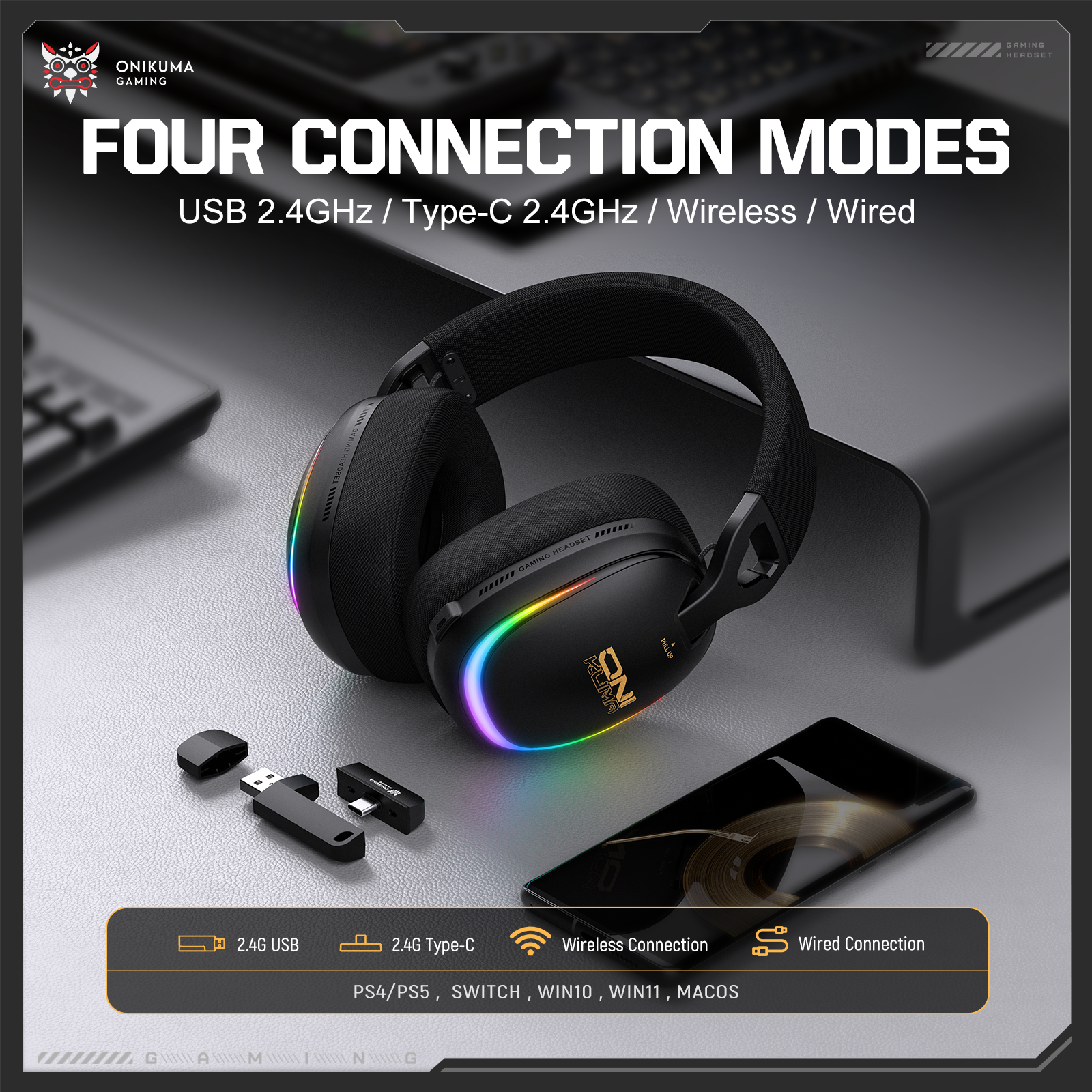 ONIKUMA GT805 Wireless Gaming Headset with Breathable Fabric Mesh, 2.4GHz Dual USB-C/USB-A Receiver, Stealth Mic, and RGB Lighting for PC, PS5, Mac & Mobile - Image 9