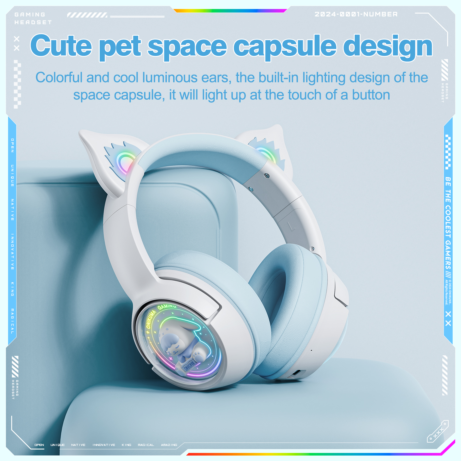ONIKUMA B5 Wireless Gaming Headset with RGB Cat Ears, KUKU Edition, 2.4GHz Dual USB-C/USB-A Dongle, and Built-in Mic (White/Pastel Blue) - Image 8