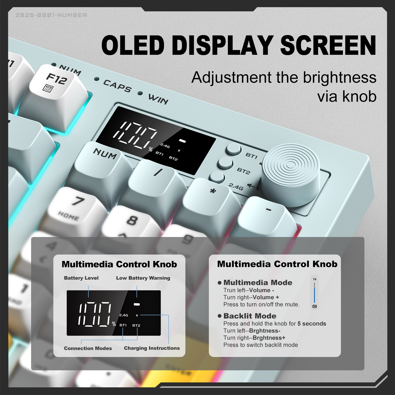 ONIKUMA G80 Tri-Mode Wireless Mechanical Keyboard (2.4GHz / Bluetooth / Wired) with Smart LCD Display, Multimedia Knob, and Compact Full-Size Layout for PC & Mac (Grayish Blue) - Image 9