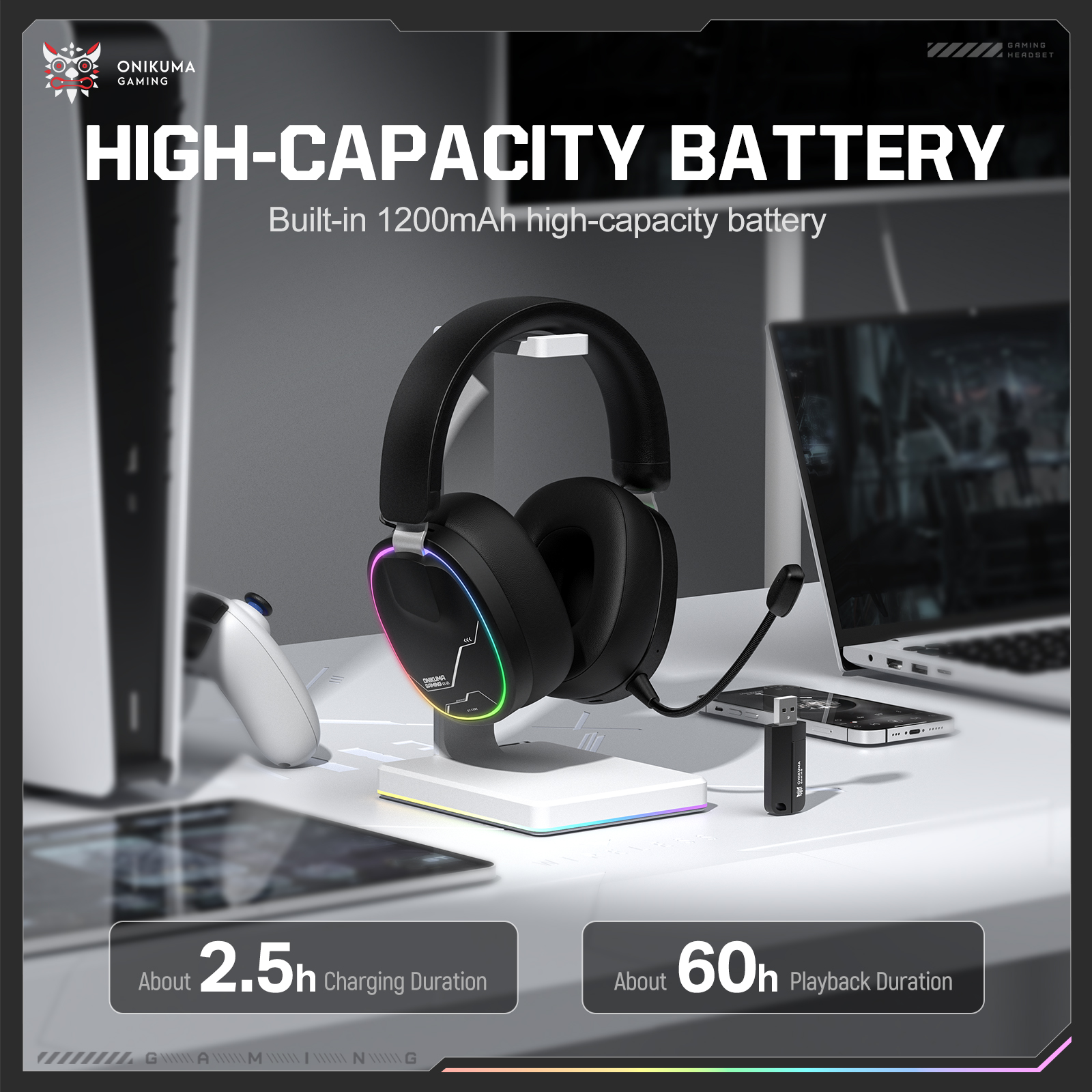 ONIKUMA GT836 Wireless Gaming Headset with Dynamic RGB Lighting, Noise-Isolating Boom Mic, and 2.4GHz Dual USB-A/Type-C Dongle for PC, PS5, Mac & Mobile (Black) - Image 10