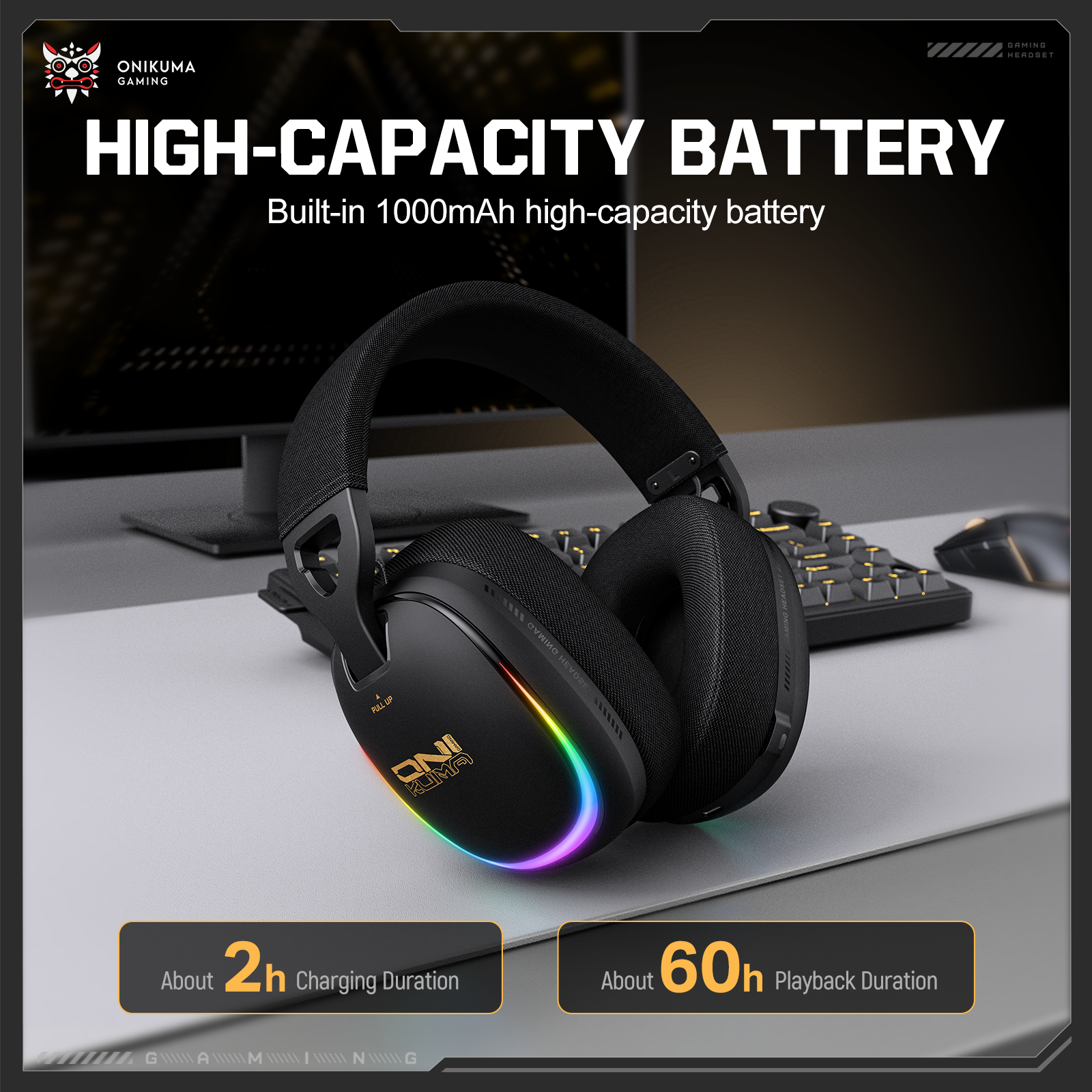 ONIKUMA GT805 Wireless Gaming Headset with Breathable Fabric Mesh, 2.4GHz Dual USB-C/USB-A Receiver, Stealth Mic, and RGB Lighting for PC, PS5, Mac & Mobile - Image 10