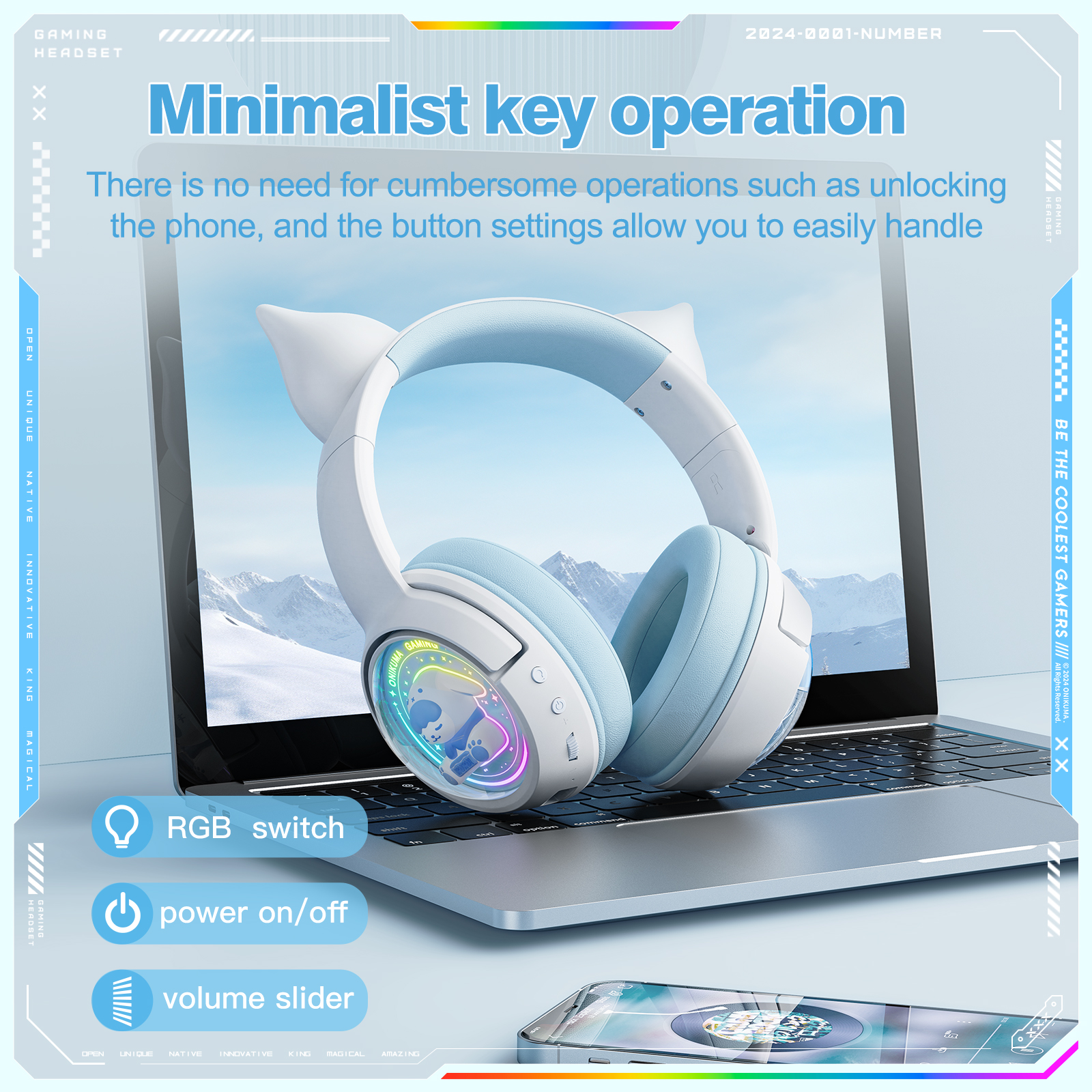ONIKUMA B5 Wireless Gaming Headset with RGB Cat Ears, KUKU Edition, 2.4GHz Dual USB-C/USB-A Dongle, and Built-in Mic (White/Pastel Blue) - Image 9