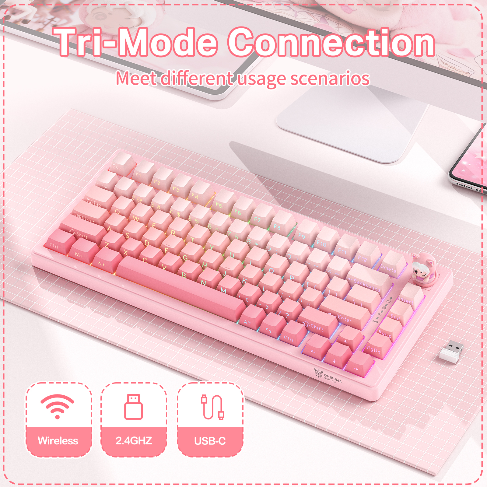 ONIKUMA MT707 Tri-Mode Wireless Mechanical Keyboard (2.4GHz / Bluetooth / Wired) with Kawaii Cat Head Rotary Knob, 75% Layout, and RGB Backlighting for PC & Mac (Pink/Purple/Yellow) - Image 21