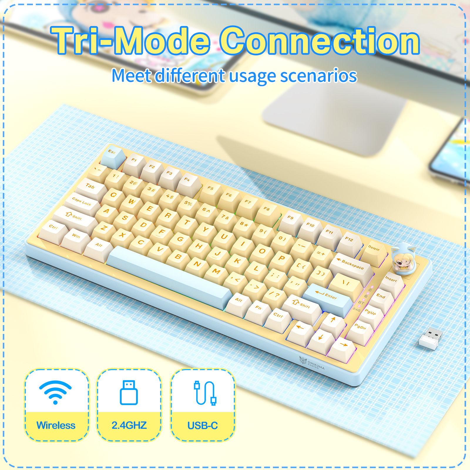 ONIKUMA MT707 Tri-Mode Wireless Mechanical Keyboard (2.4GHz / Bluetooth / Wired) with Kawaii Cat Head Rotary Knob, 75% Layout, and RGB Backlighting for PC & Mac (Pink/Purple/Yellow) - Image 28