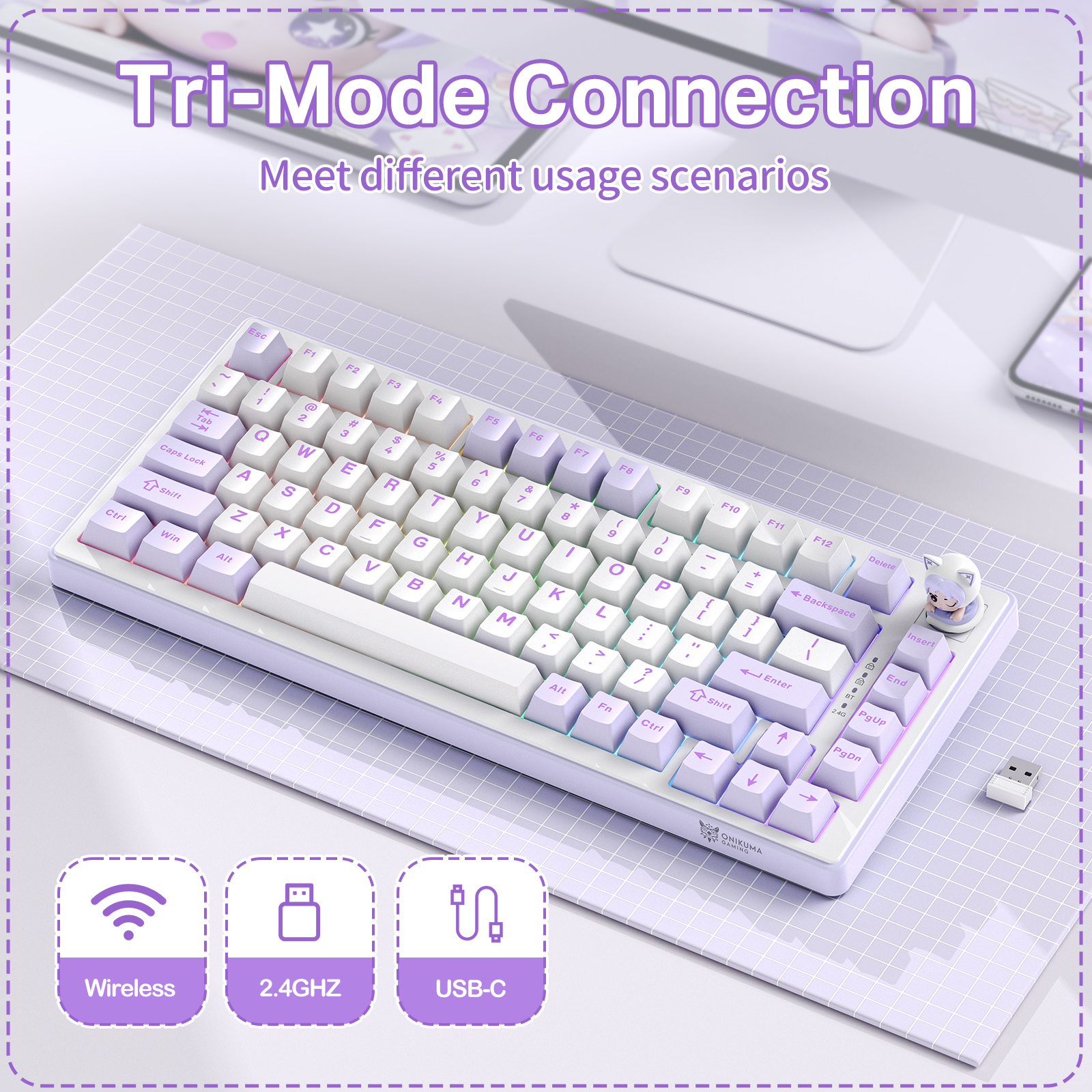 ONIKUMA MT707 Tri-Mode Wireless Mechanical Keyboard (2.4GHz / Bluetooth / Wired) with Kawaii Cat Head Rotary Knob, 75% Layout, and RGB Backlighting for PC & Mac (Pink/Purple/Yellow) - Image 34