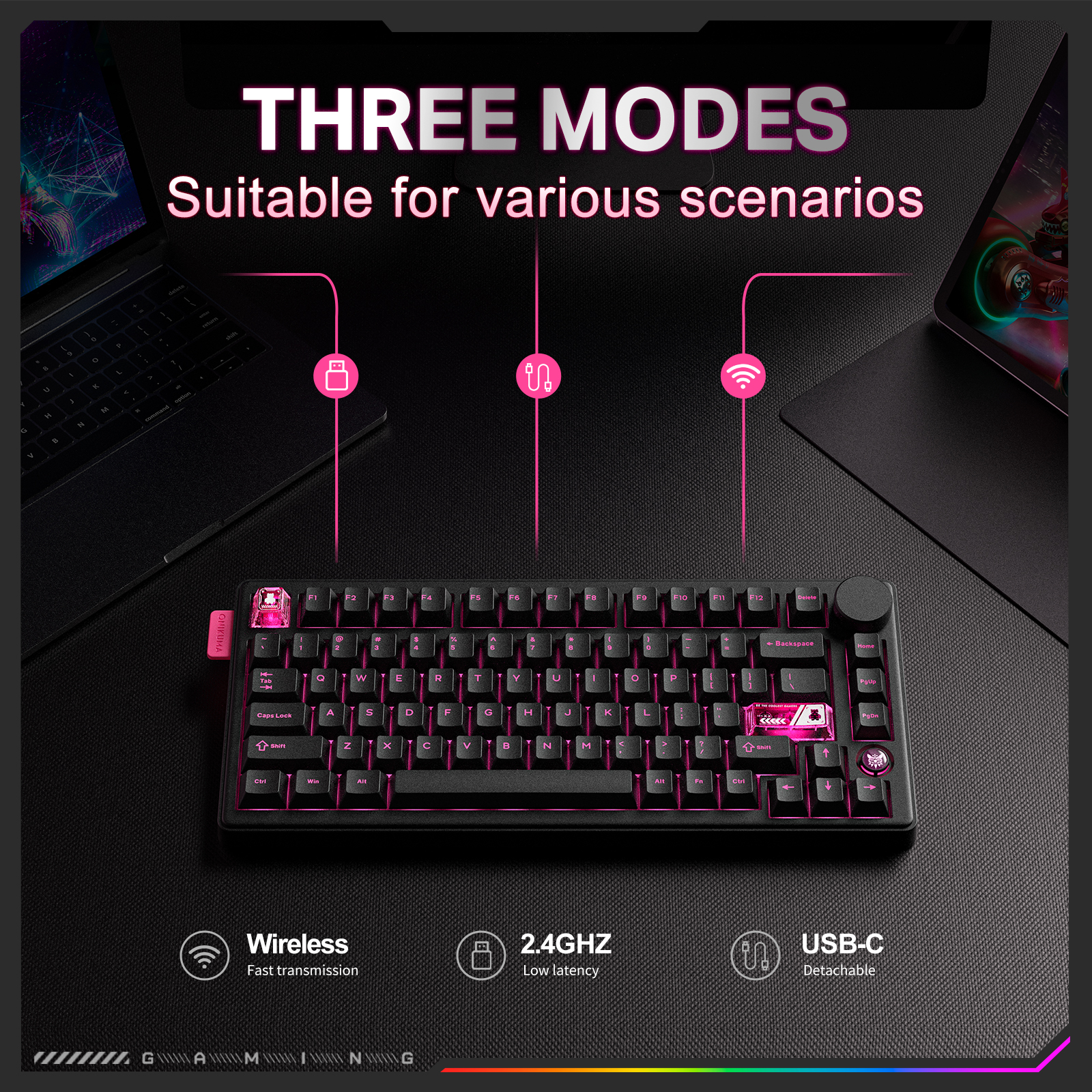 ONIKUMA MT706 Tri-Mode Wireless Mechanical Keyboard (2.4GHz / Bluetooth / Wired) with Multimedia Knob, Transparent Cyber Accent Keys, and 75% Layout for PC & Mac (Black/White) - Image 16