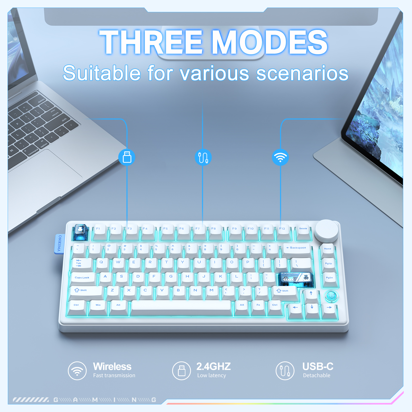 ONIKUMA MT706 Tri-Mode Wireless Mechanical Keyboard (2.4GHz / Bluetooth / Wired) with Multimedia Knob, Transparent Cyber Accent Keys, and 75% Layout for PC & Mac (Black/White) - Image 23