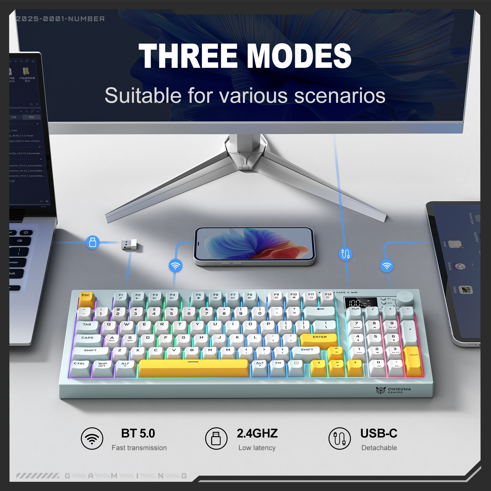 ONIKUMA G80 Tri-Mode Wireless Mechanical Keyboard (2.4GHz / Bluetooth / Wired) with Smart LCD Display, Multimedia Knob, and Compact Full-Size Layout for PC & Mac (Grayish Blue) - Image 10