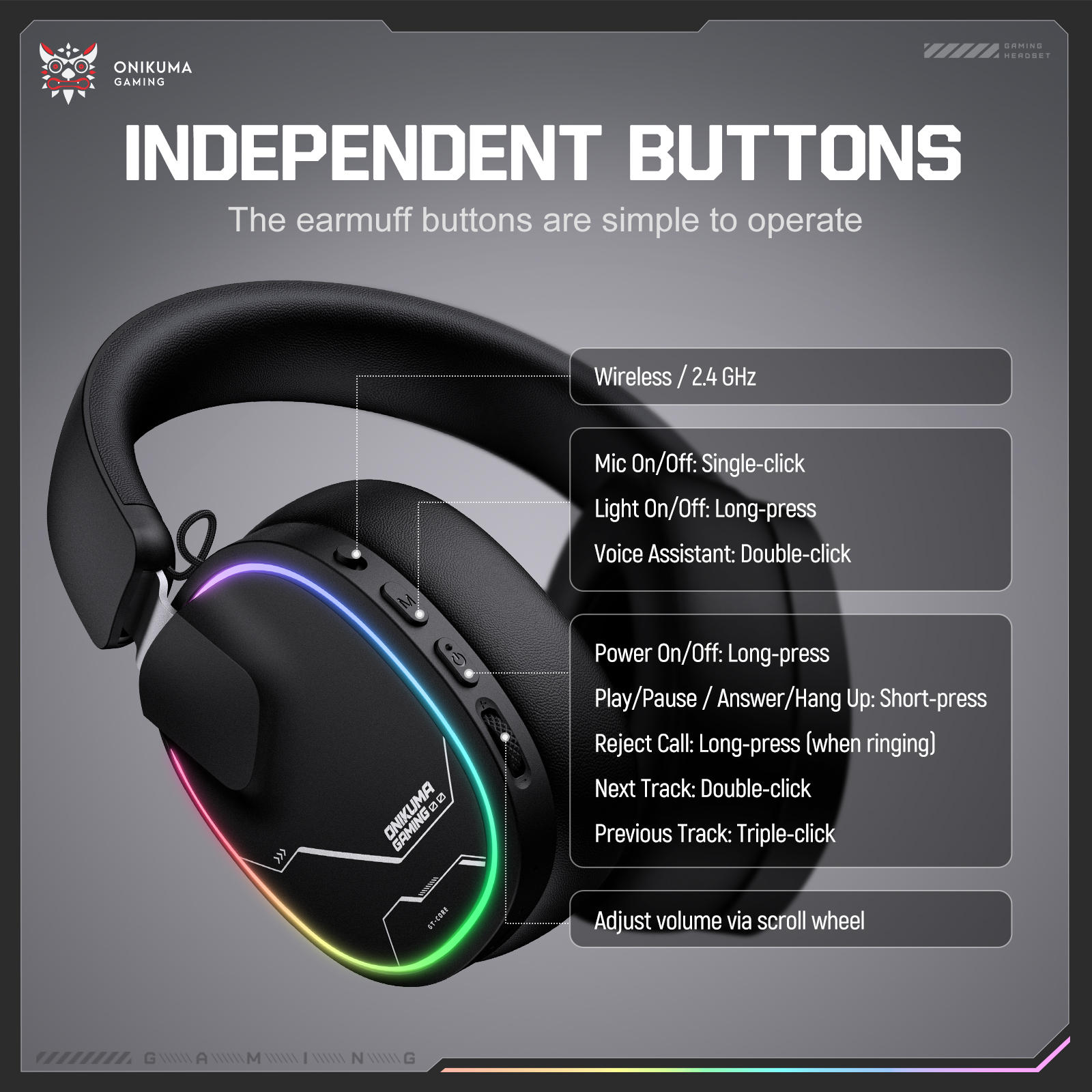 ONIKUMA GT836 Wireless Gaming Headset with Dynamic RGB Lighting, Noise-Isolating Boom Mic, and 2.4GHz Dual USB-A/Type-C Dongle for PC, PS5, Mac & Mobile (Black) - Image 11