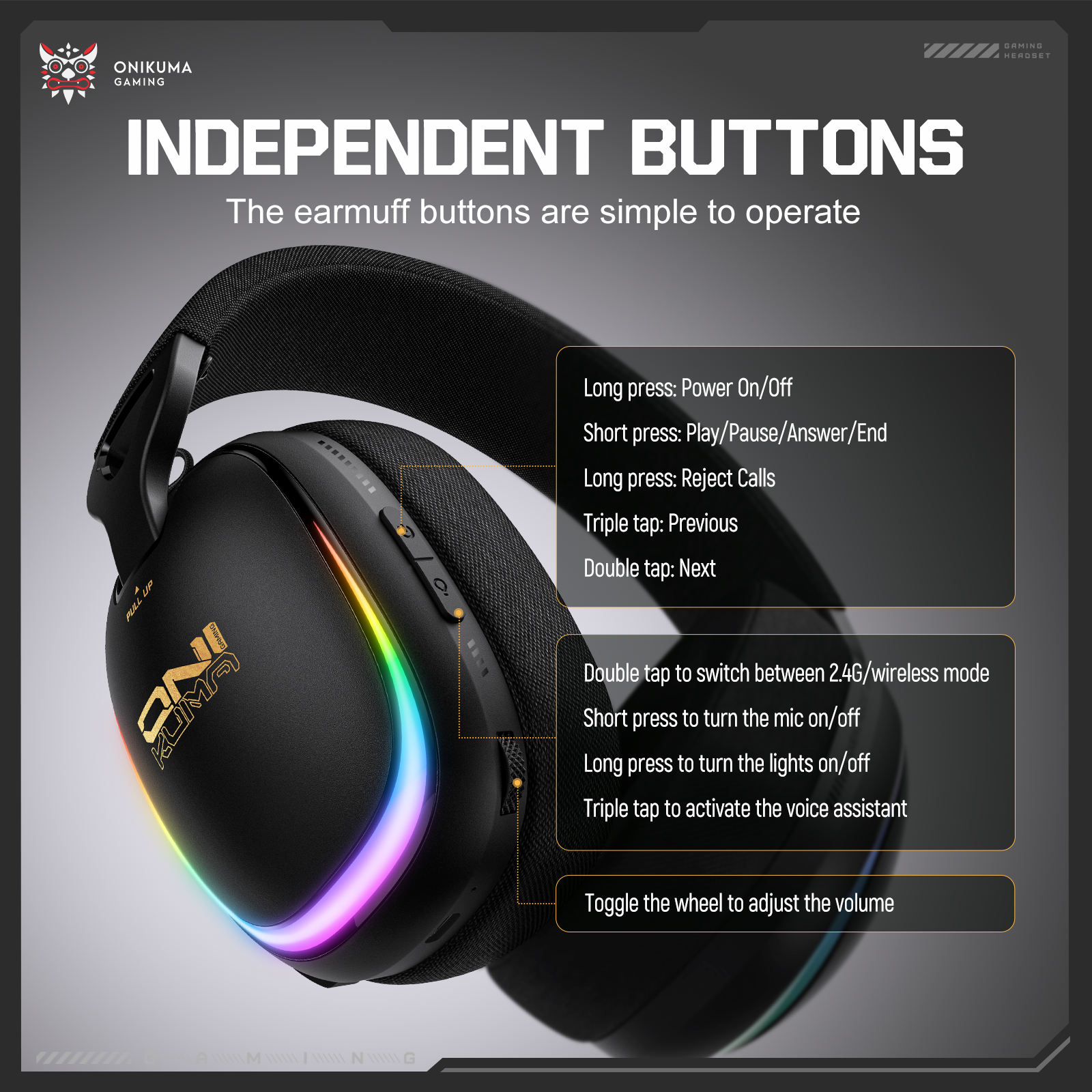 ONIKUMA GT805 Wireless Gaming Headset with Breathable Fabric Mesh, 2.4GHz Dual USB-C/USB-A Receiver, Stealth Mic, and RGB Lighting for PC, PS5, Mac & Mobile - Image 11