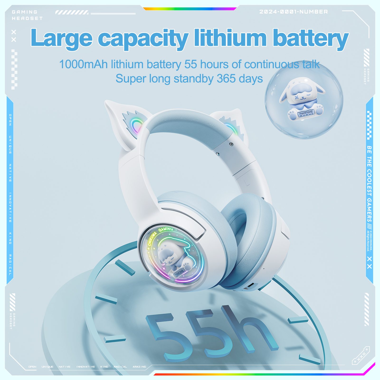 ONIKUMA B5 Wireless Gaming Headset with RGB Cat Ears, KUKU Edition, 2.4GHz Dual USB-C/USB-A Dongle, and Built-in Mic (White/Pastel Blue) - Image 10