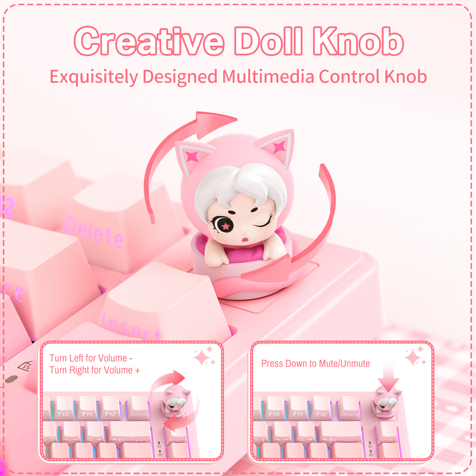 ONIKUMA MT707 Tri-Mode Wireless Mechanical Keyboard (2.4GHz / Bluetooth / Wired) with Kawaii Cat Head Rotary Knob, 75% Layout, and RGB Backlighting for PC & Mac (Pink/Purple/Yellow) - Image 22