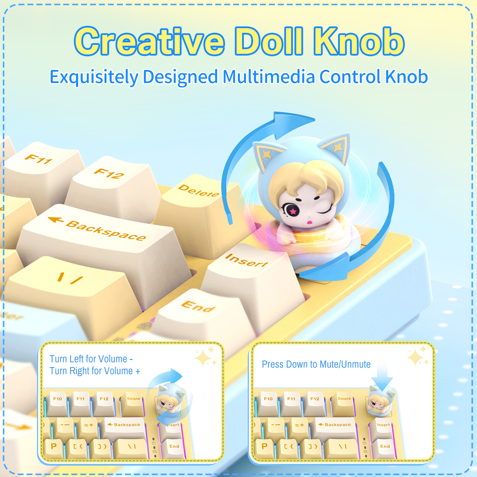 ONIKUMA MT707 Tri-Mode Wireless Mechanical Keyboard (2.4GHz / Bluetooth / Wired) with Kawaii Cat Head Rotary Knob, 75% Layout, and RGB Backlighting for PC & Mac (Pink/Purple/Yellow) - Image 29