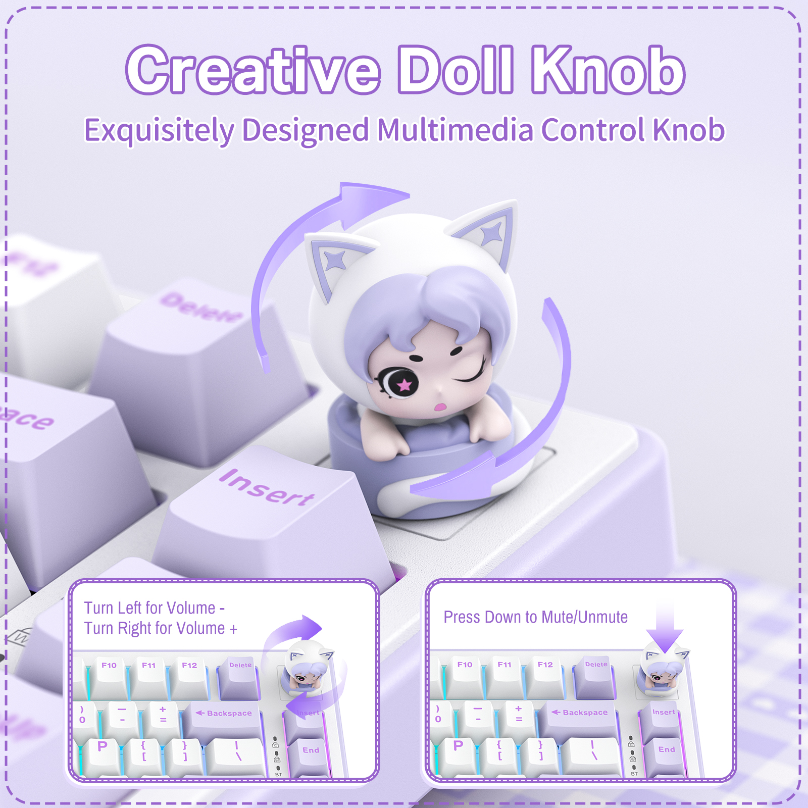 ONIKUMA MT707 Tri-Mode Wireless Mechanical Keyboard (2.4GHz / Bluetooth / Wired) with Kawaii Cat Head Rotary Knob, 75% Layout, and RGB Backlighting for PC & Mac (Pink/Purple/Yellow) - Image 35