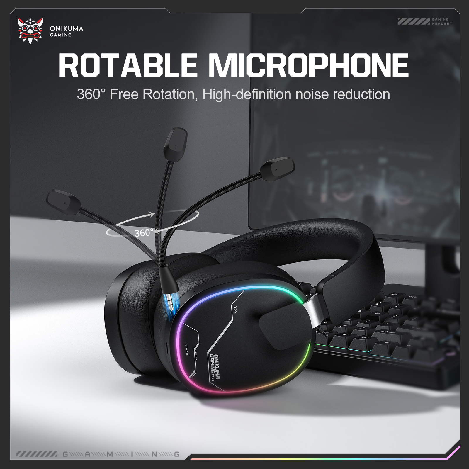 ONIKUMA GT836 Wireless Gaming Headset with Dynamic RGB Lighting, Noise-Isolating Boom Mic, and 2.4GHz Dual USB-A/Type-C Dongle for PC, PS5, Mac & Mobile (Black) - Image 12