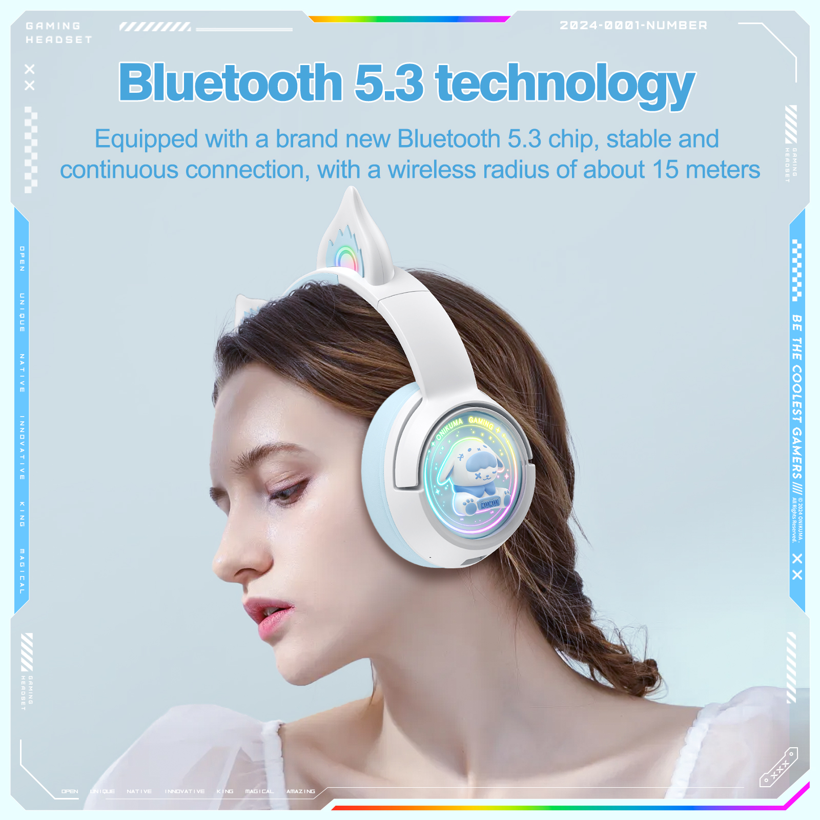 ONIKUMA B5 Wireless Gaming Headset with RGB Cat Ears, KUKU Edition, 2.4GHz Dual USB-C/USB-A Dongle, and Built-in Mic (White/Pastel Blue) - Image 11